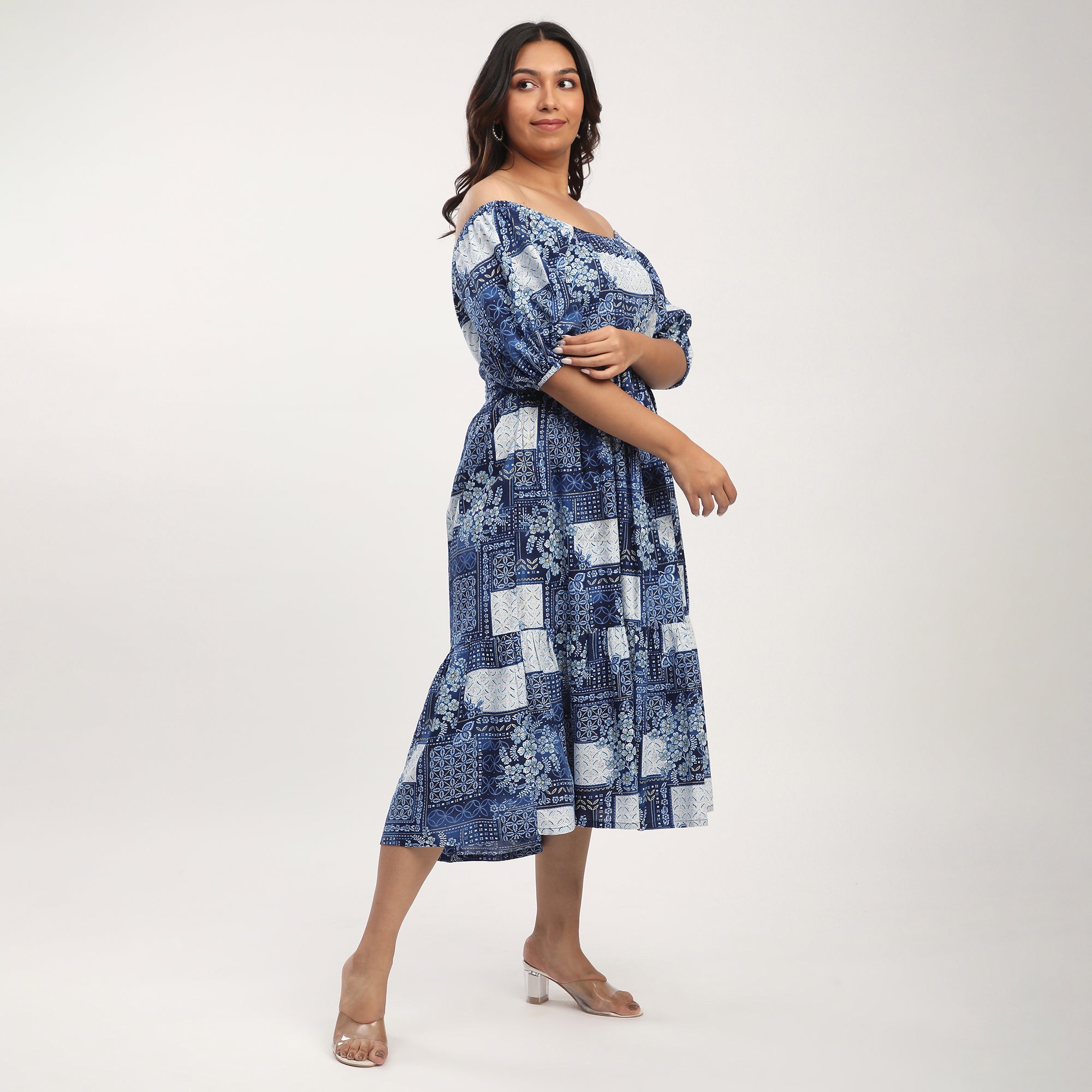 Blue Viscose Tile Print Off-Shoulder Tiered Dress