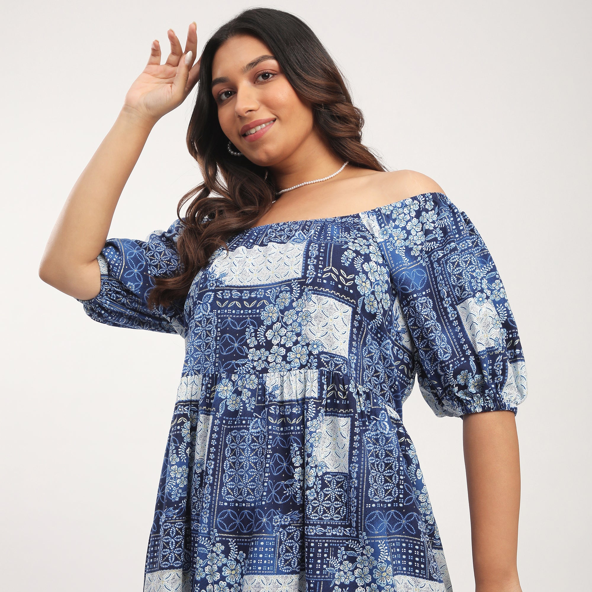 Blue Viscose Tile Print Off-Shoulder Tiered Dress