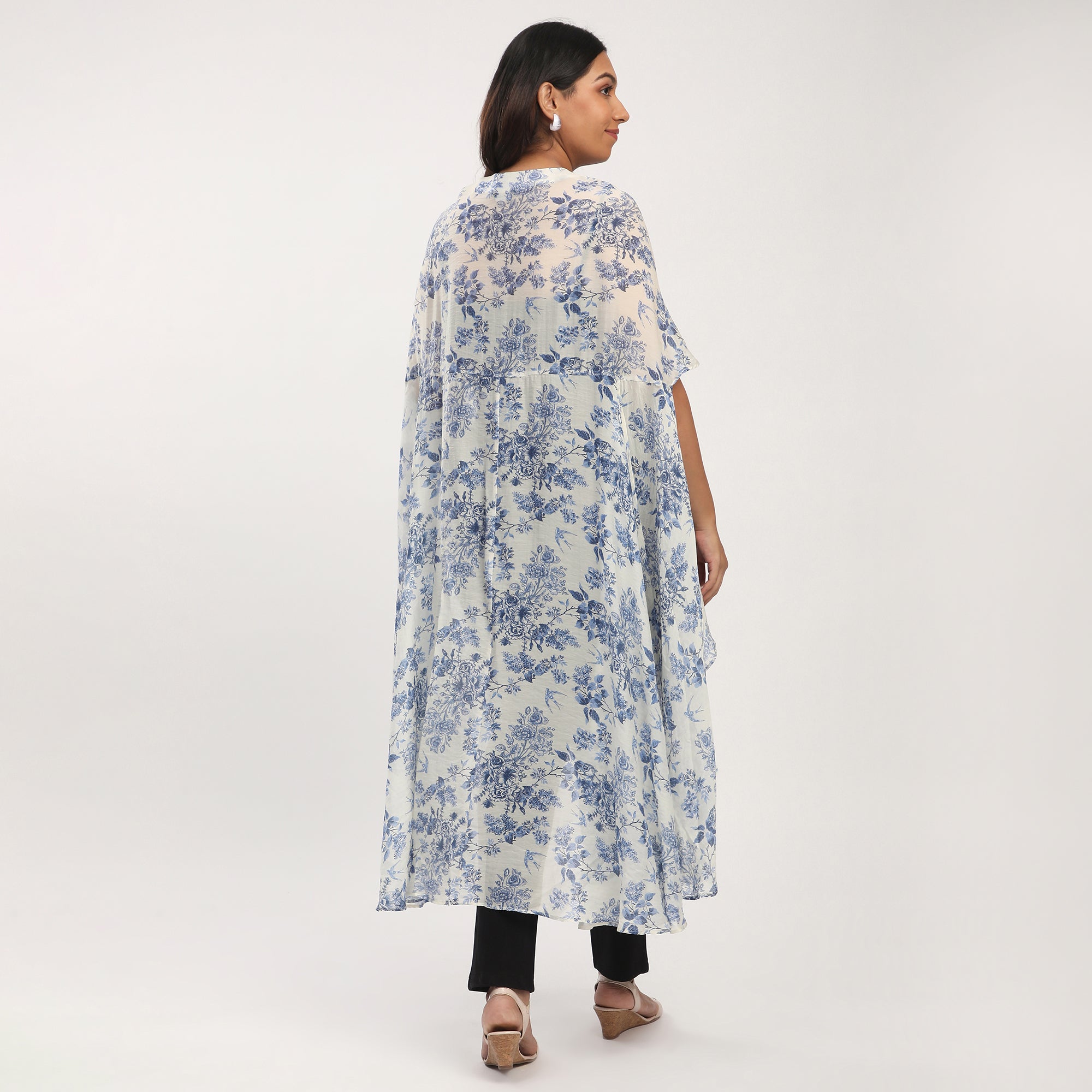 Blue Lyocell Blend Floral Printed Cape