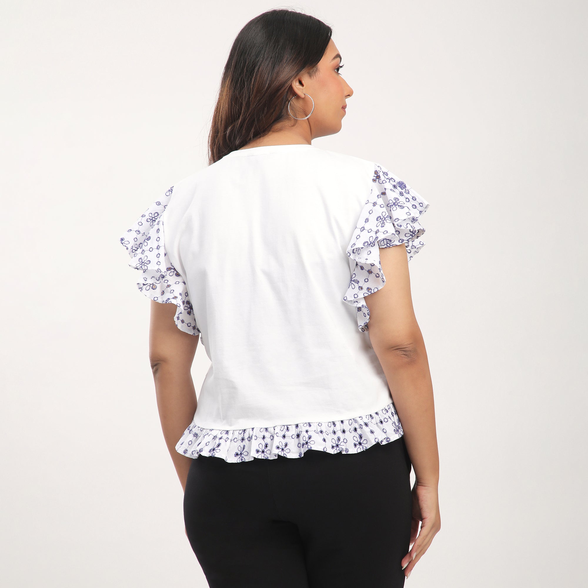 White Cotton Jersey Embroidered Ruffle Sleeves Top