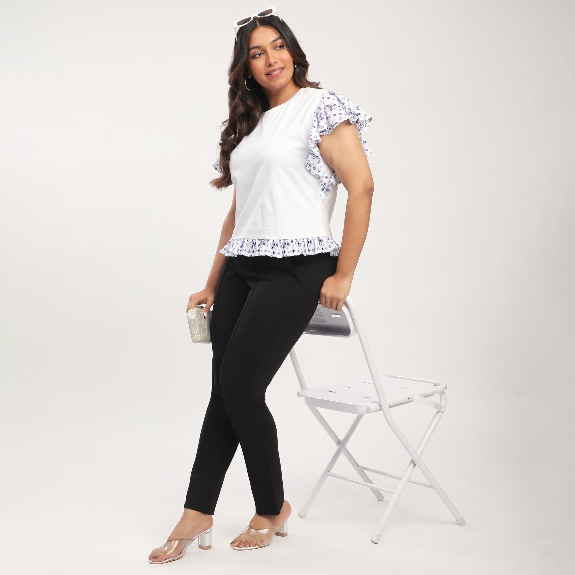 White Cotton Jersey Embroidered Ruffle Sleeves Top