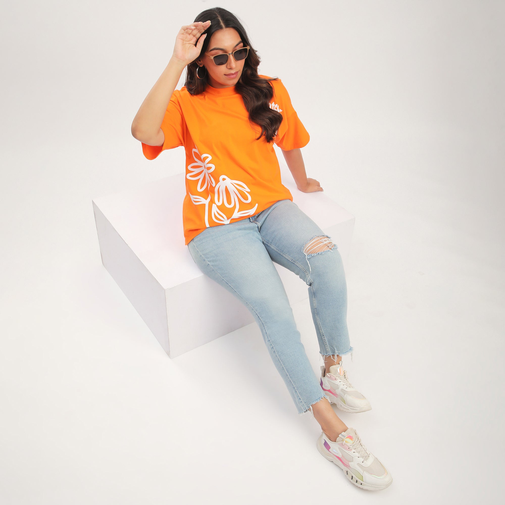 Orange Cotton Flower Printed Drop Shoulder T-shirt