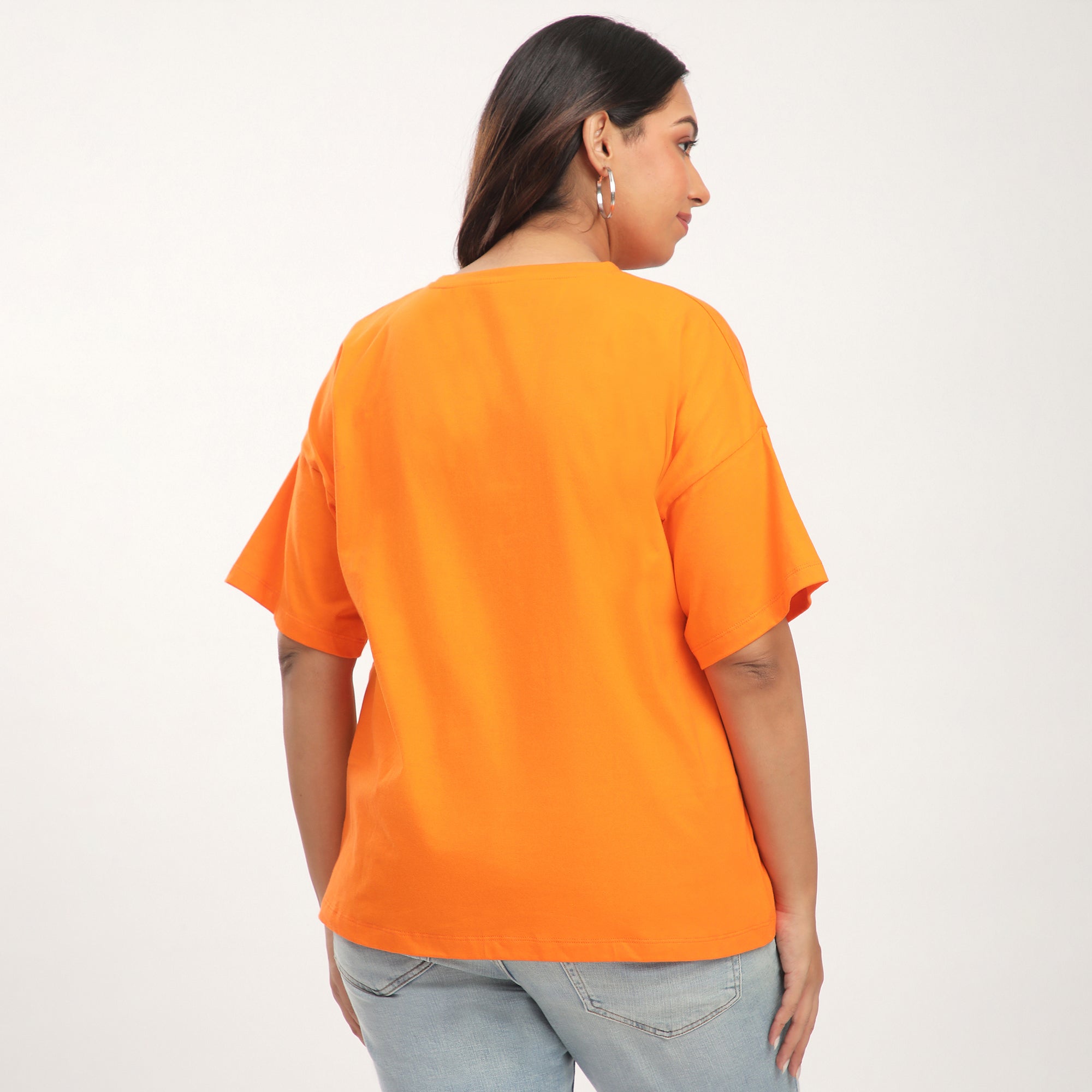 Orange Cotton Flower Printed Drop Shoulder T-shirt