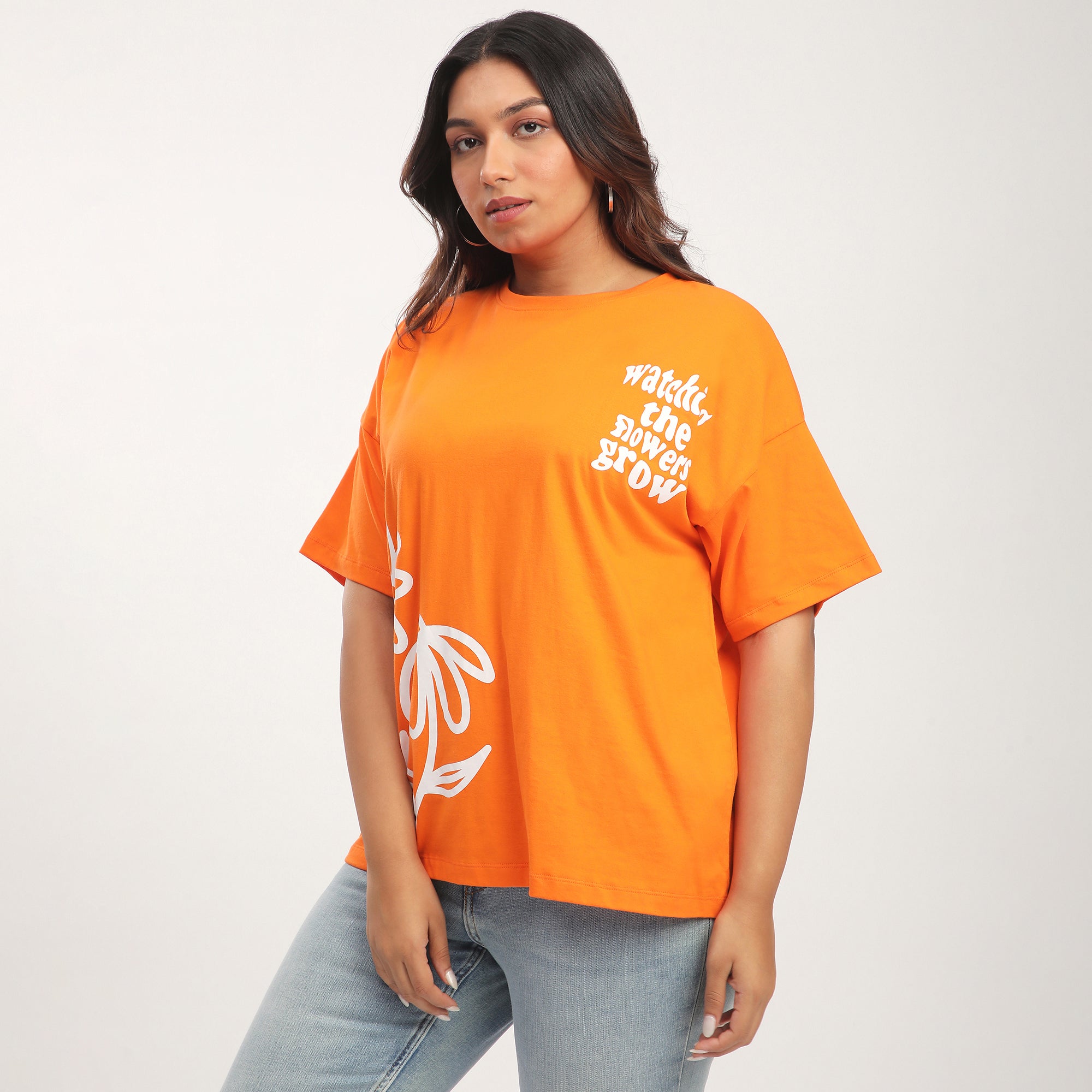 Orange Cotton Flower Printed Drop Shoulder T-shirt