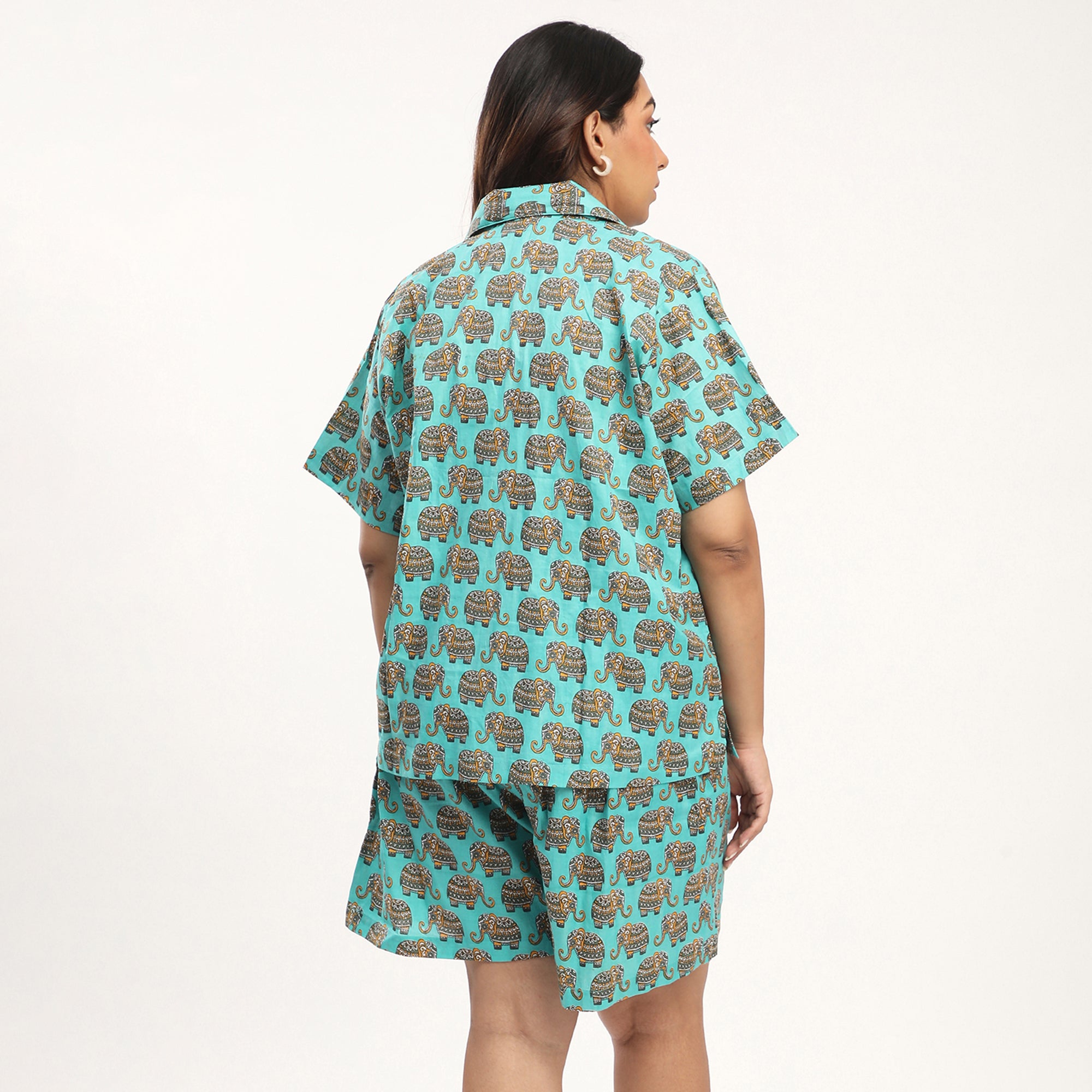 Green Cotton Elephant Print Short Set