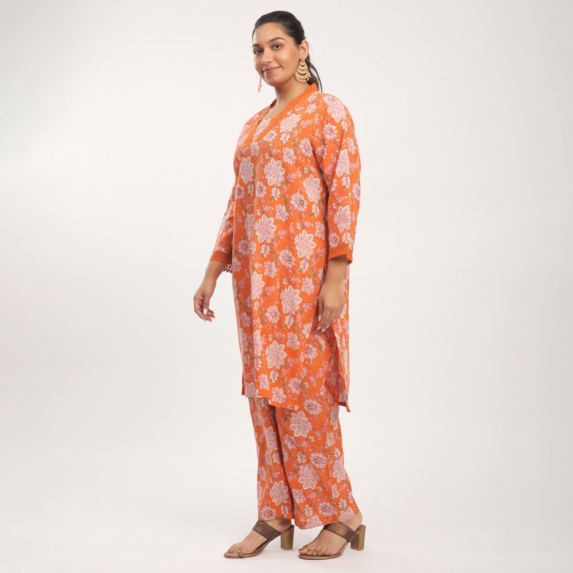 Orange Cotton Lace Detail Printed Kurta Set