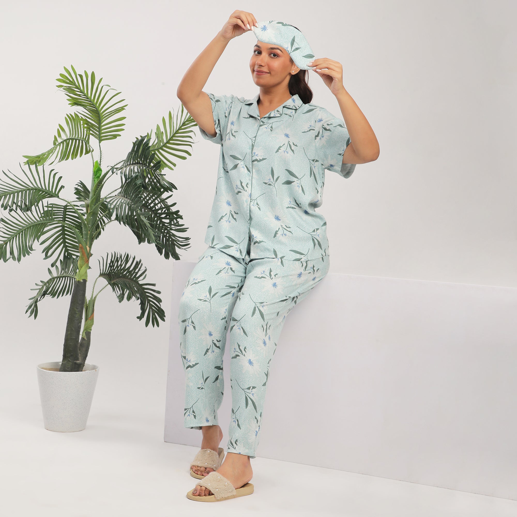 Green Viscose Floral Printed PJ Set