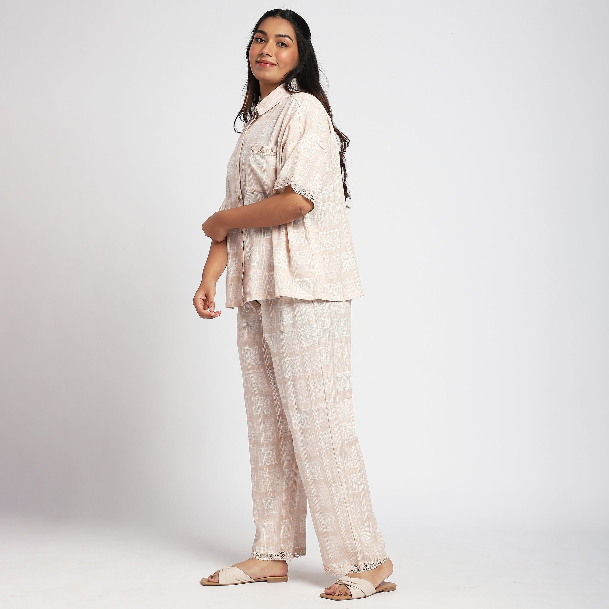 Beige Tile Print PJ Set in Cotton Viscose Blend