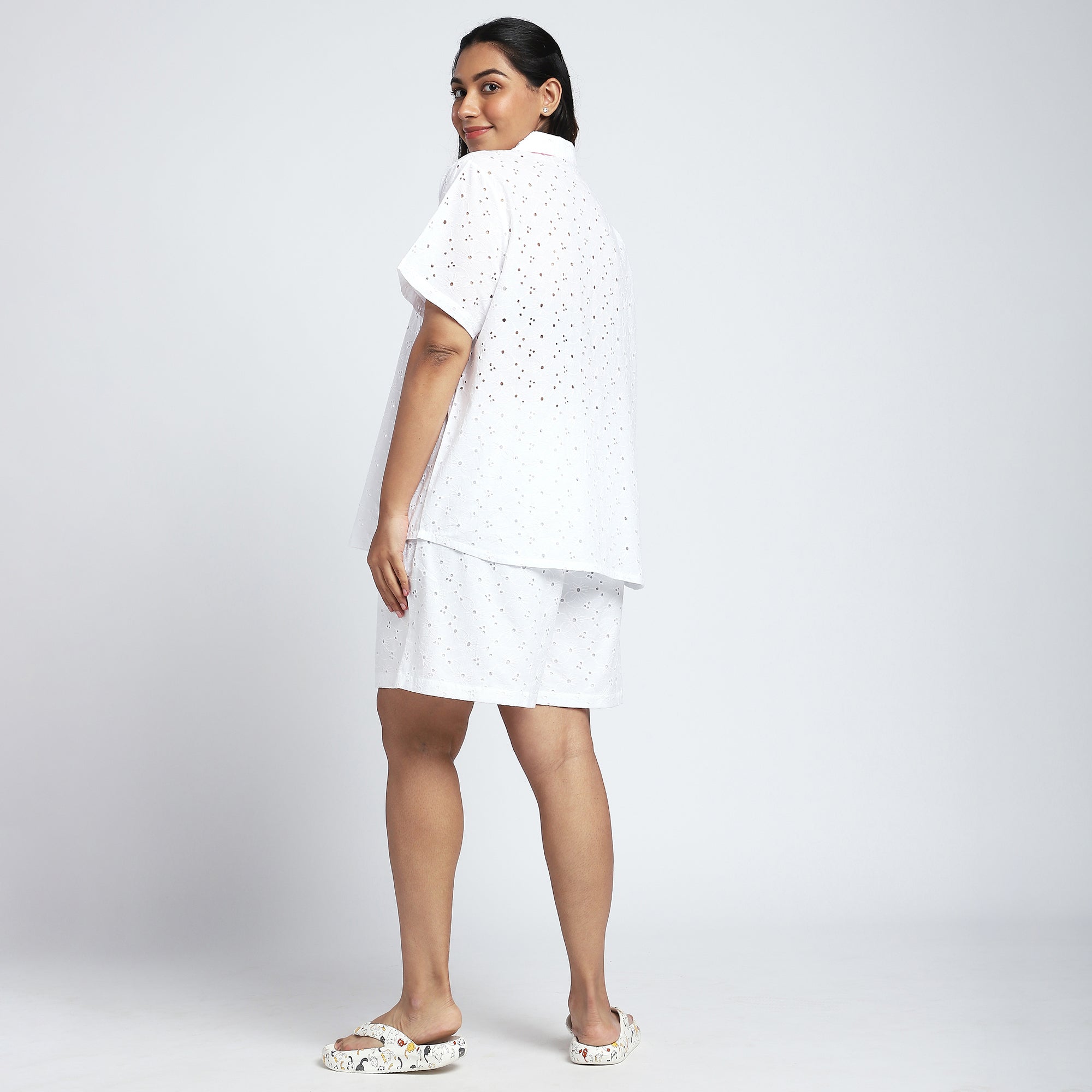 White Schiffli Short Set with Contrast Trim