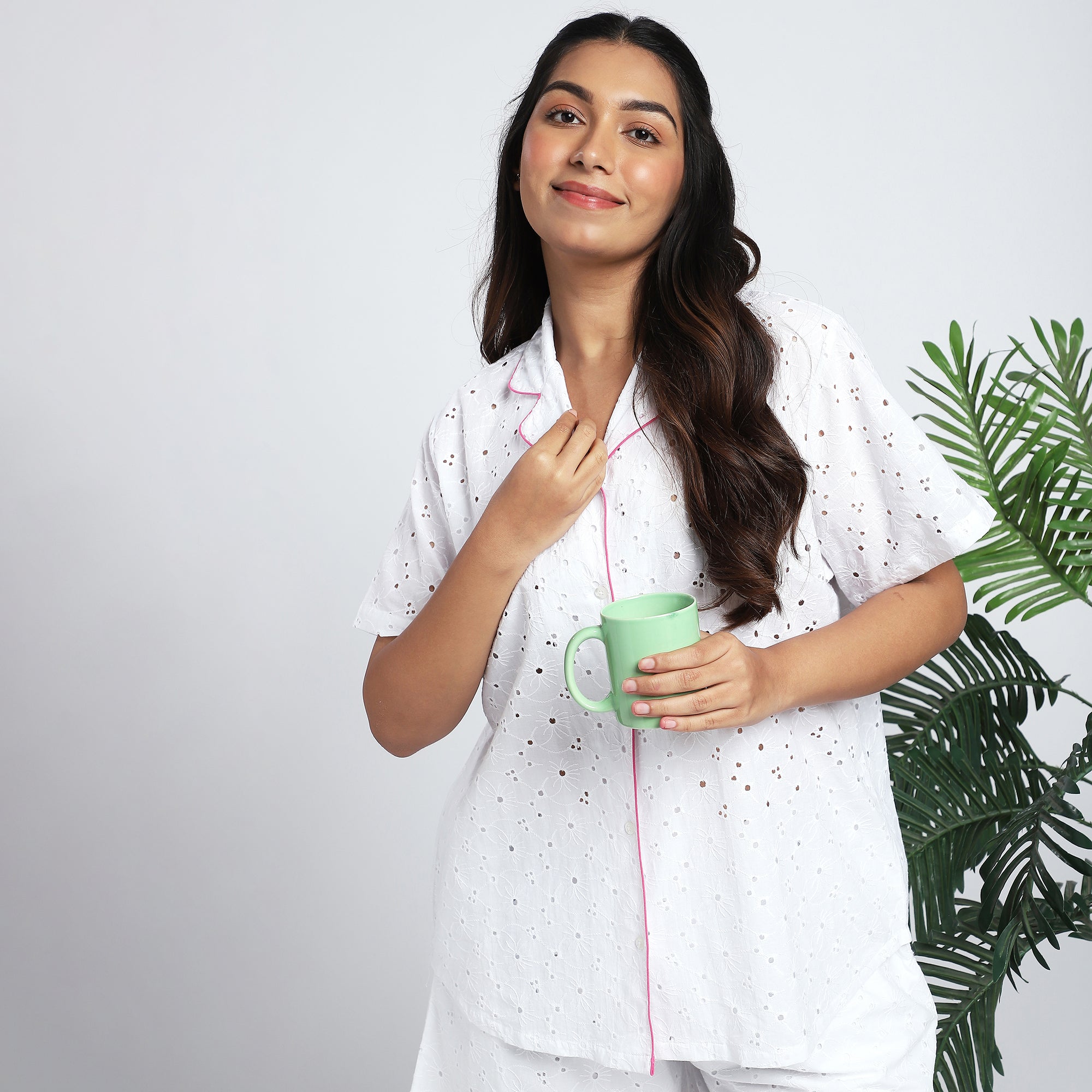 White Schiffli Short Set with Contrast Trim