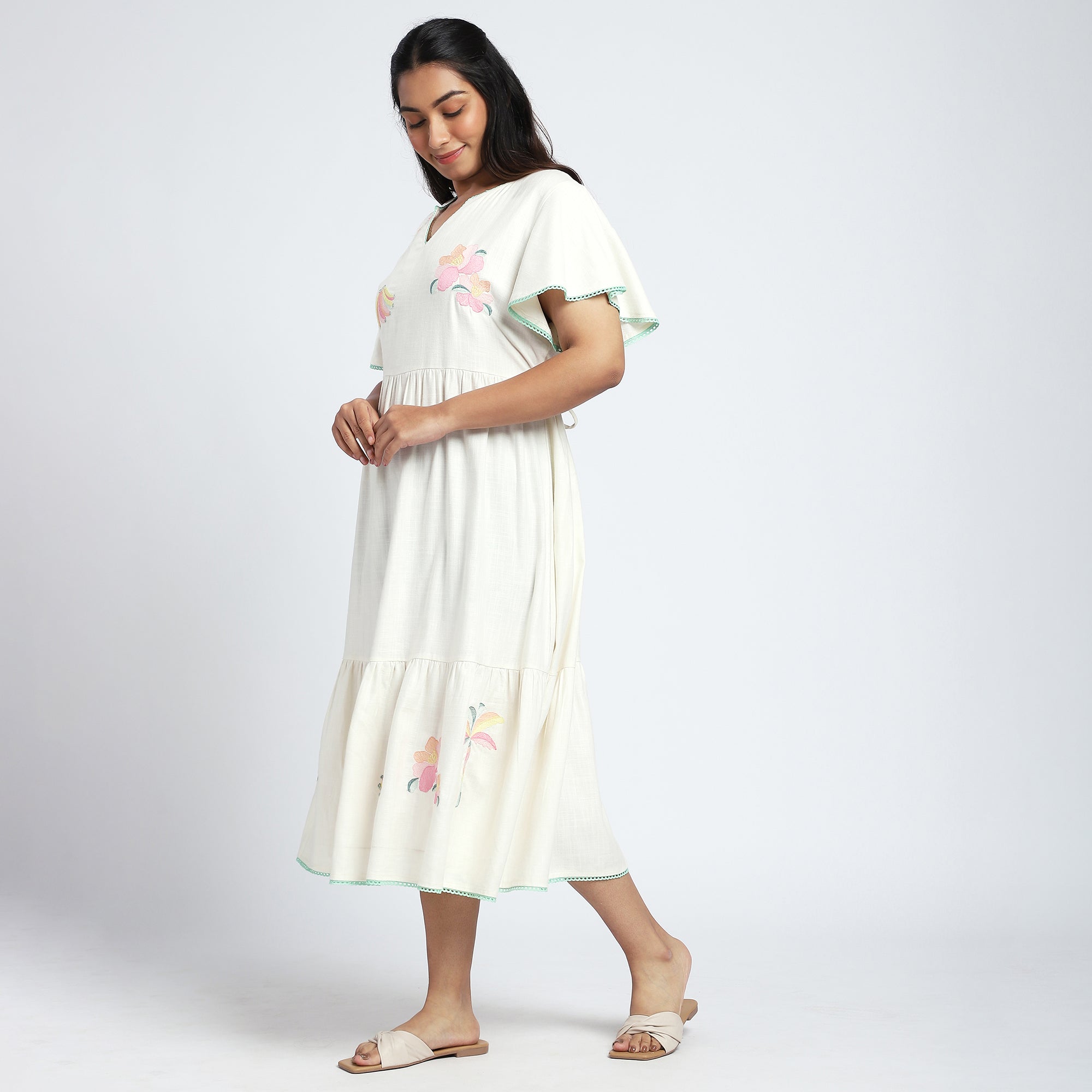 Cream Tiered Nightdress with Fruit Embroidery & Lace Detail