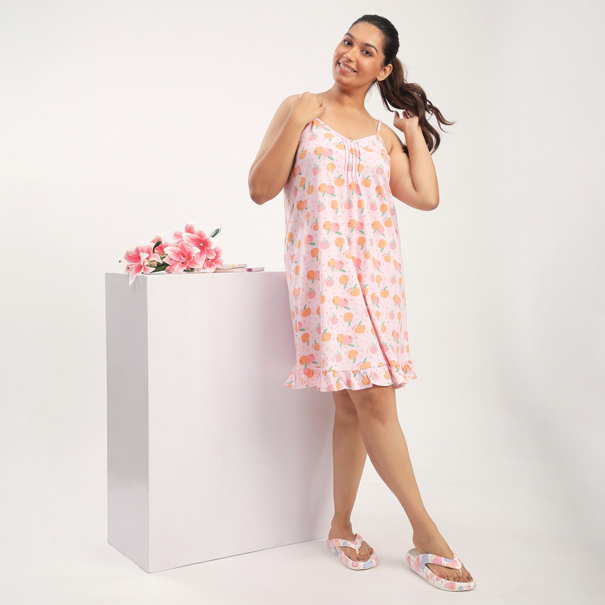Peach Cotton Jersey Printed Slip Dress