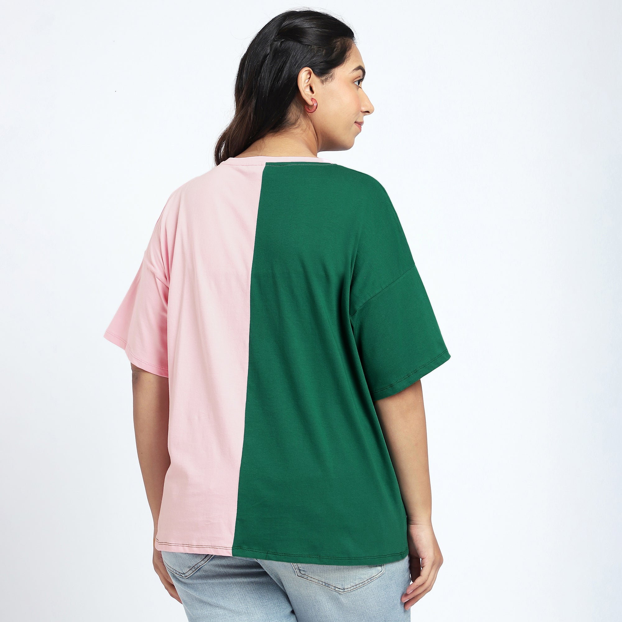 Pink & Green Colorblock T-Shirt with Chest Print