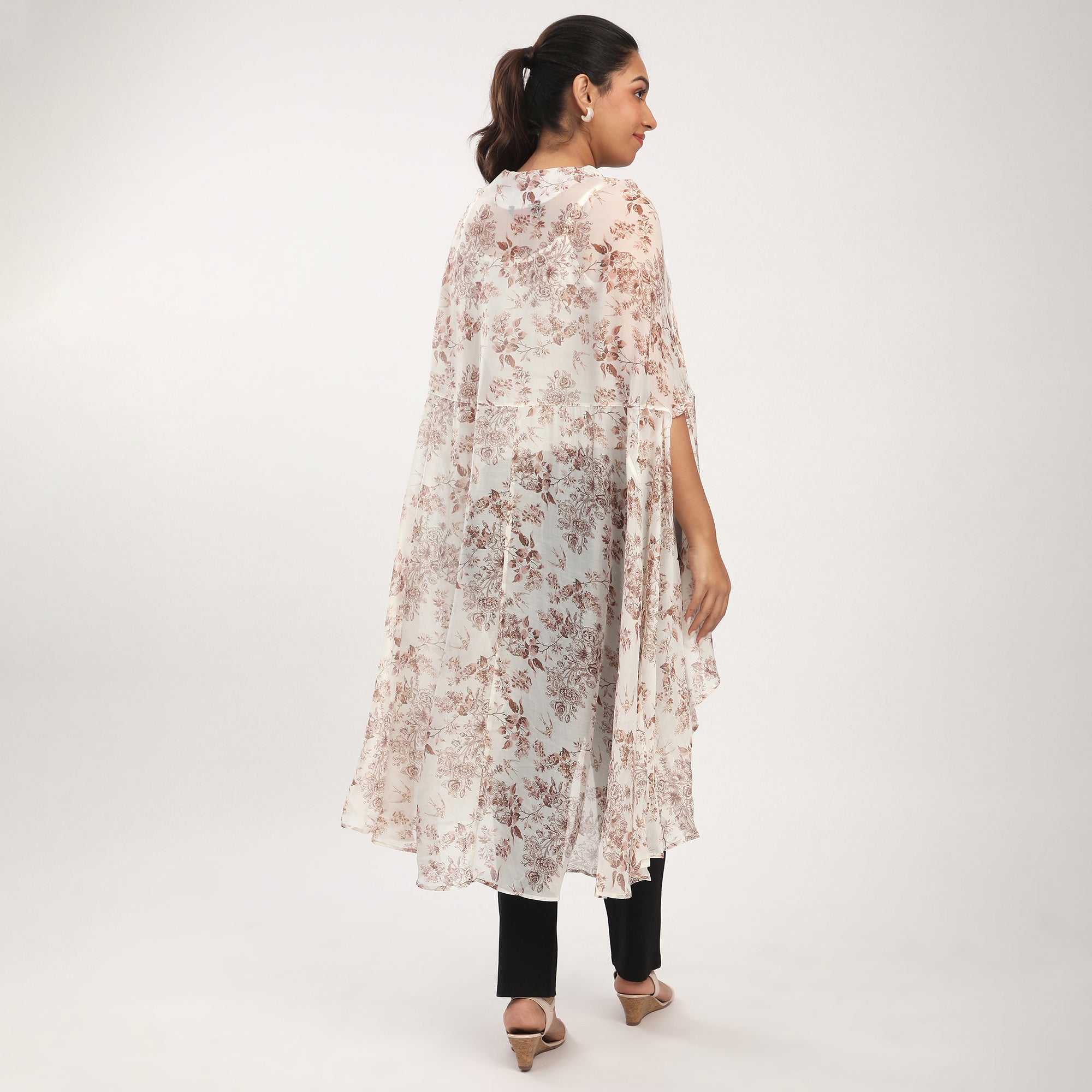Brown Lyocell Blend Floral Printed Cape