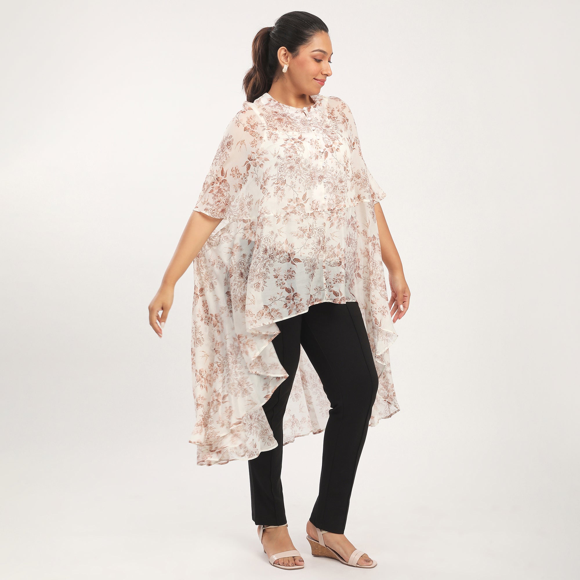 Brown Lyocell Blend Floral Printed Cape