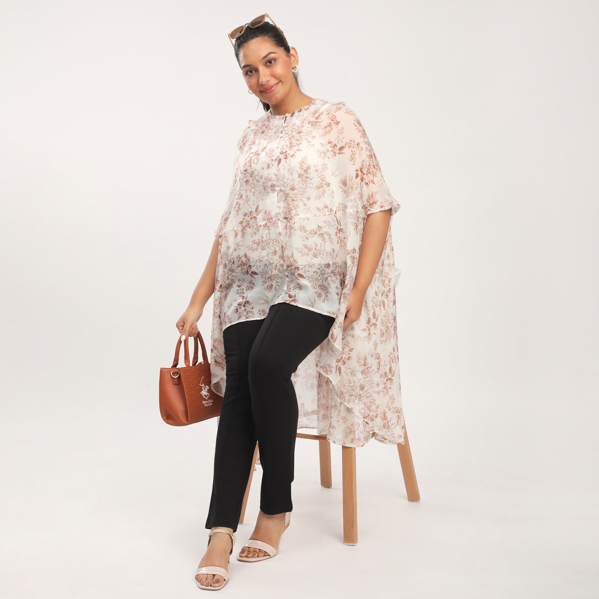 Brown Lyocell Blend Floral Printed Cape