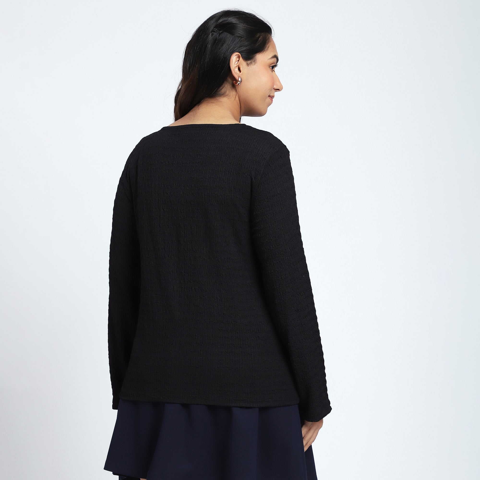 Black Textured Knit Top with Gold Buttons