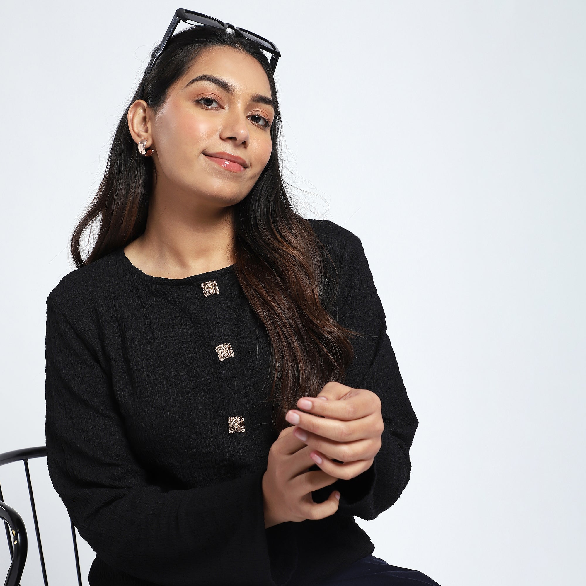 Black Textured Knit Top with Gold Buttons