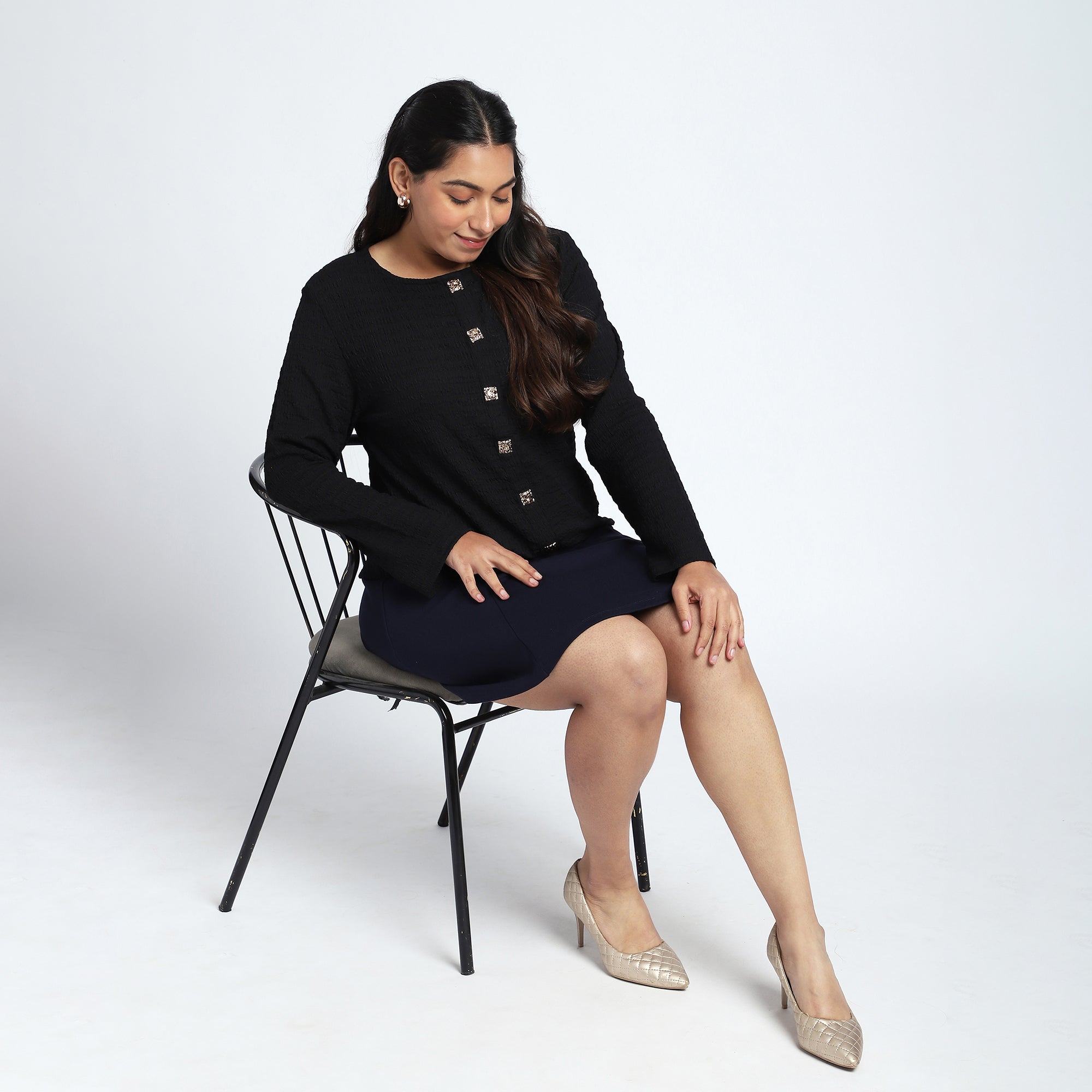 Black Textured Knit Top with Gold Buttons