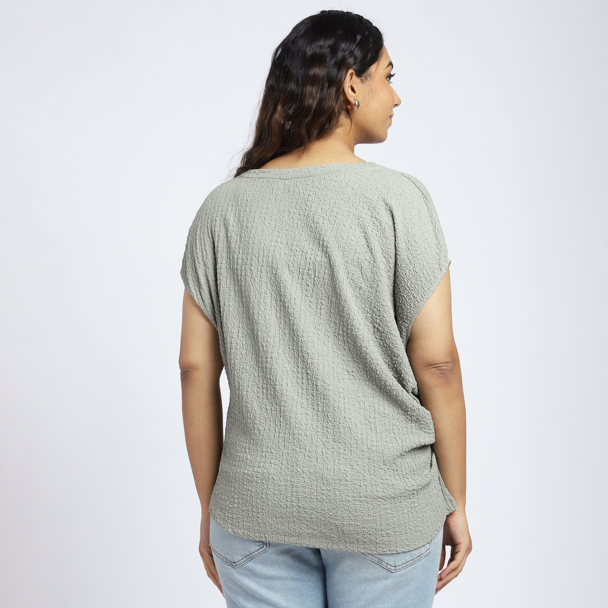 Olive Green Textured Knit Top with Cap Sleeves and Side Pleat
