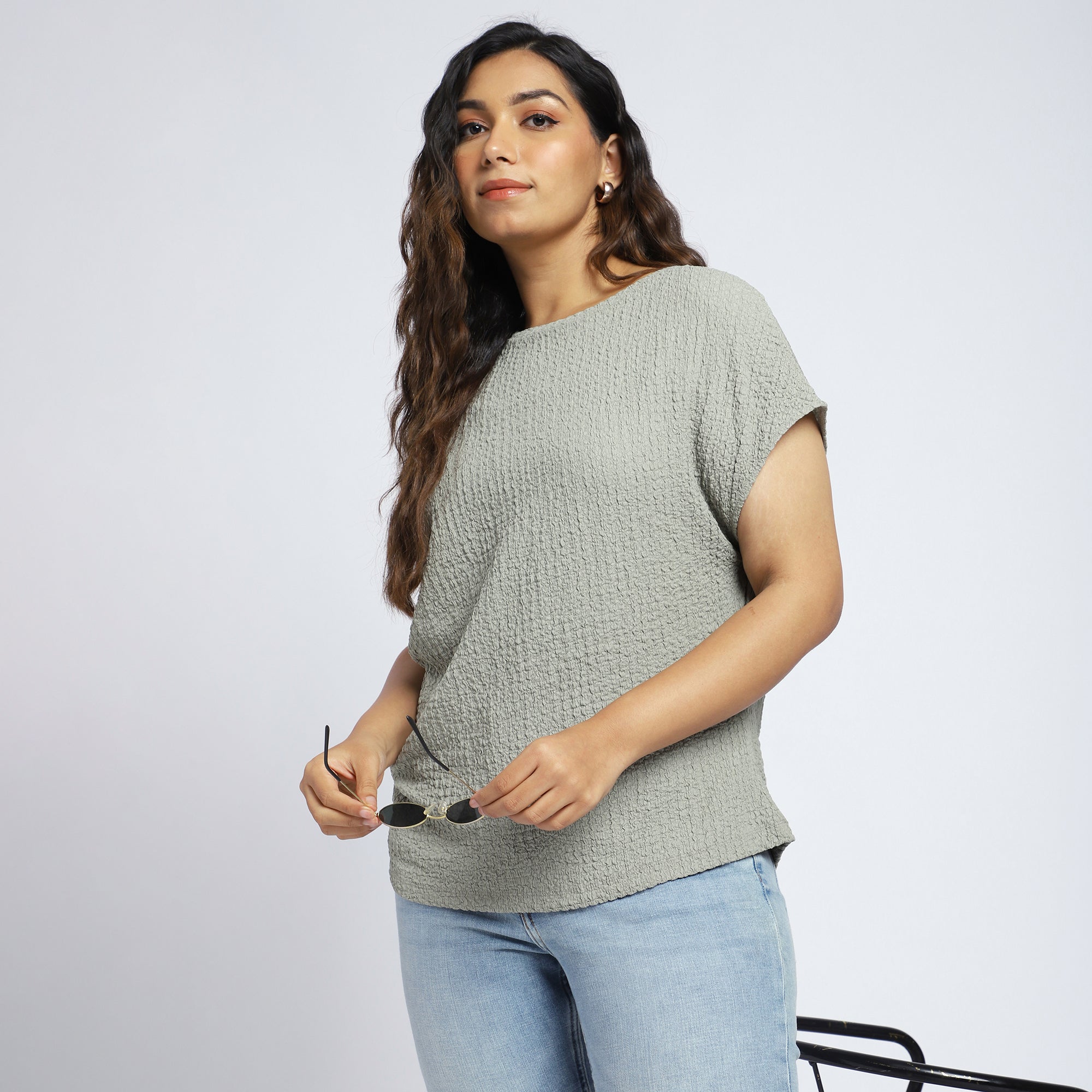 Olive Green Textured Knit Top with Cap Sleeves and Side Pleat