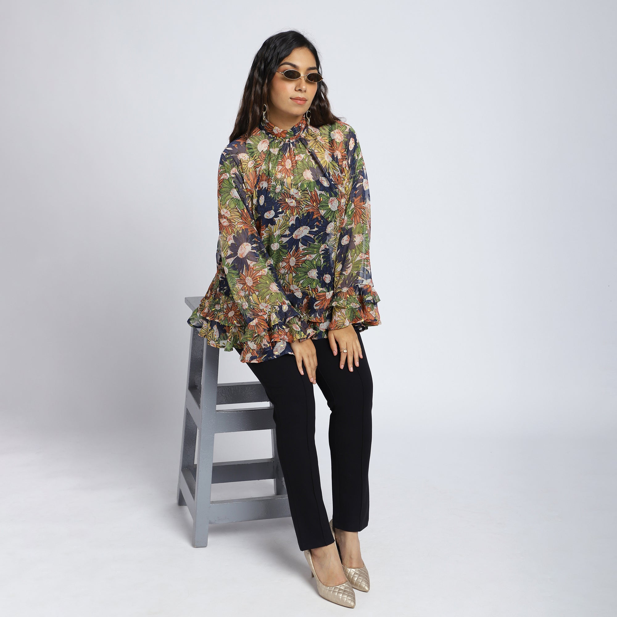 Navy Floral Lurex Georgette Ruffle Top
