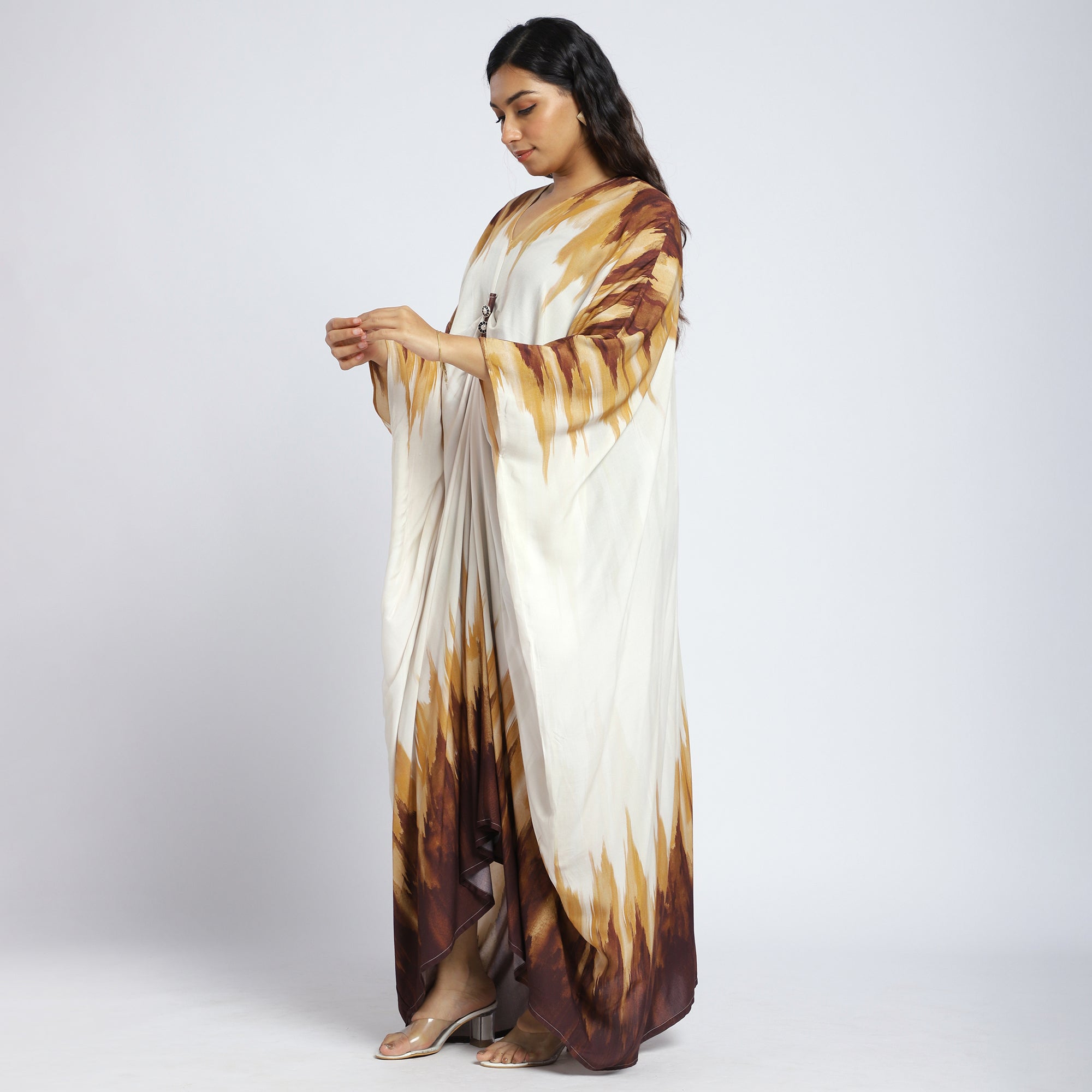 Beige & Brown Ombre Kaftan with Button Detail