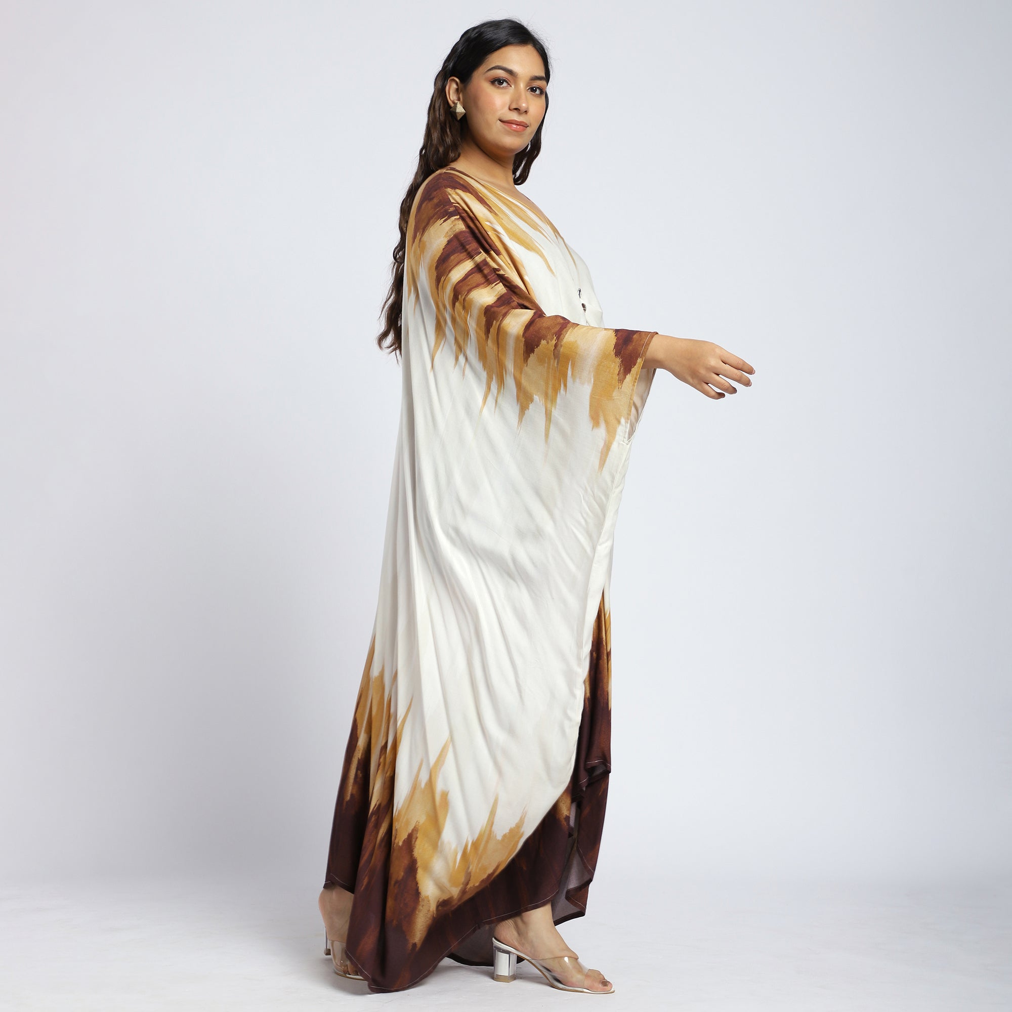 Beige & Brown Ombre Kaftan with Button Detail