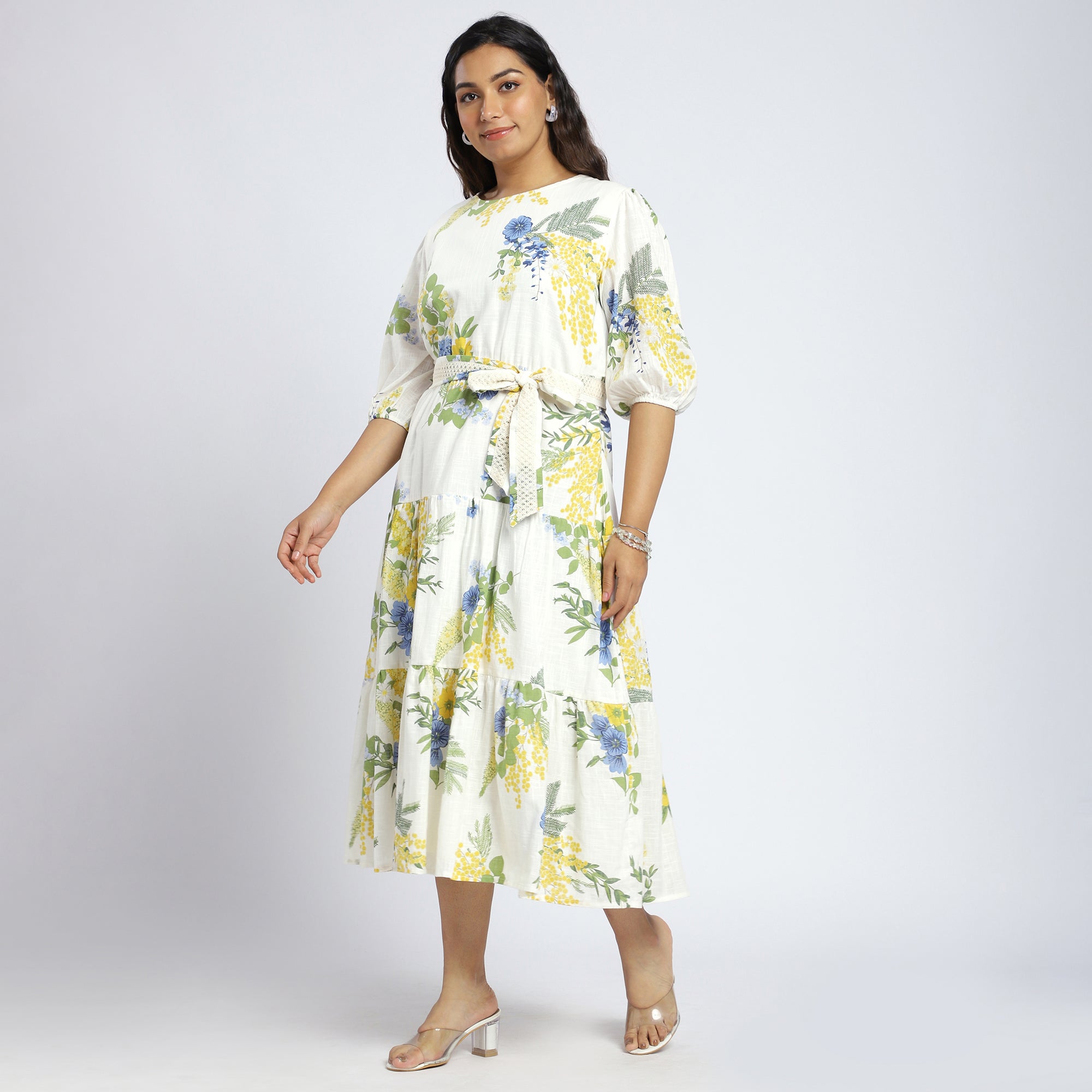 Cream Floral Cut-Out Tiered Dress in Cotton-Linen