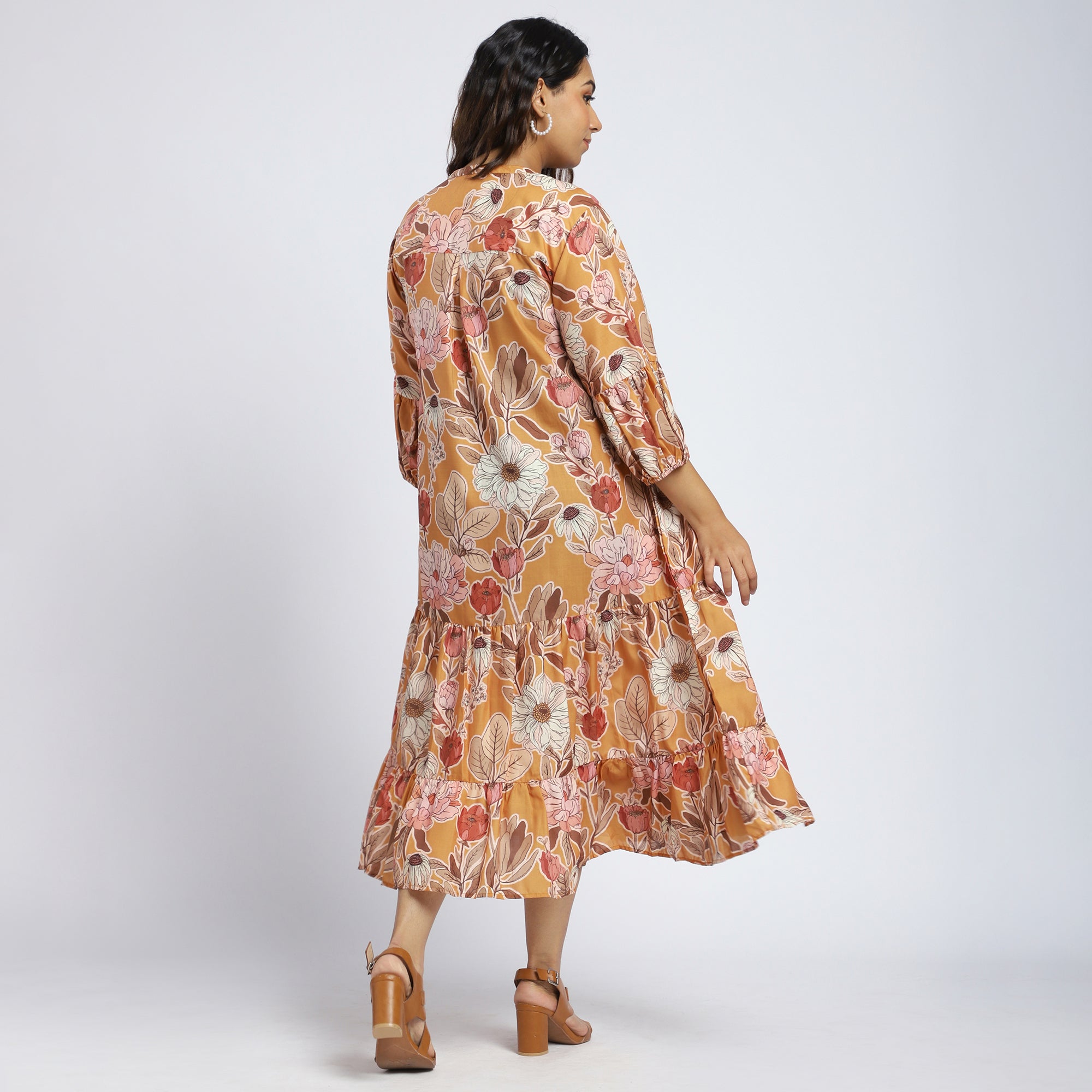 Mustard Tiered Shirt Dress with Beaded Yoke