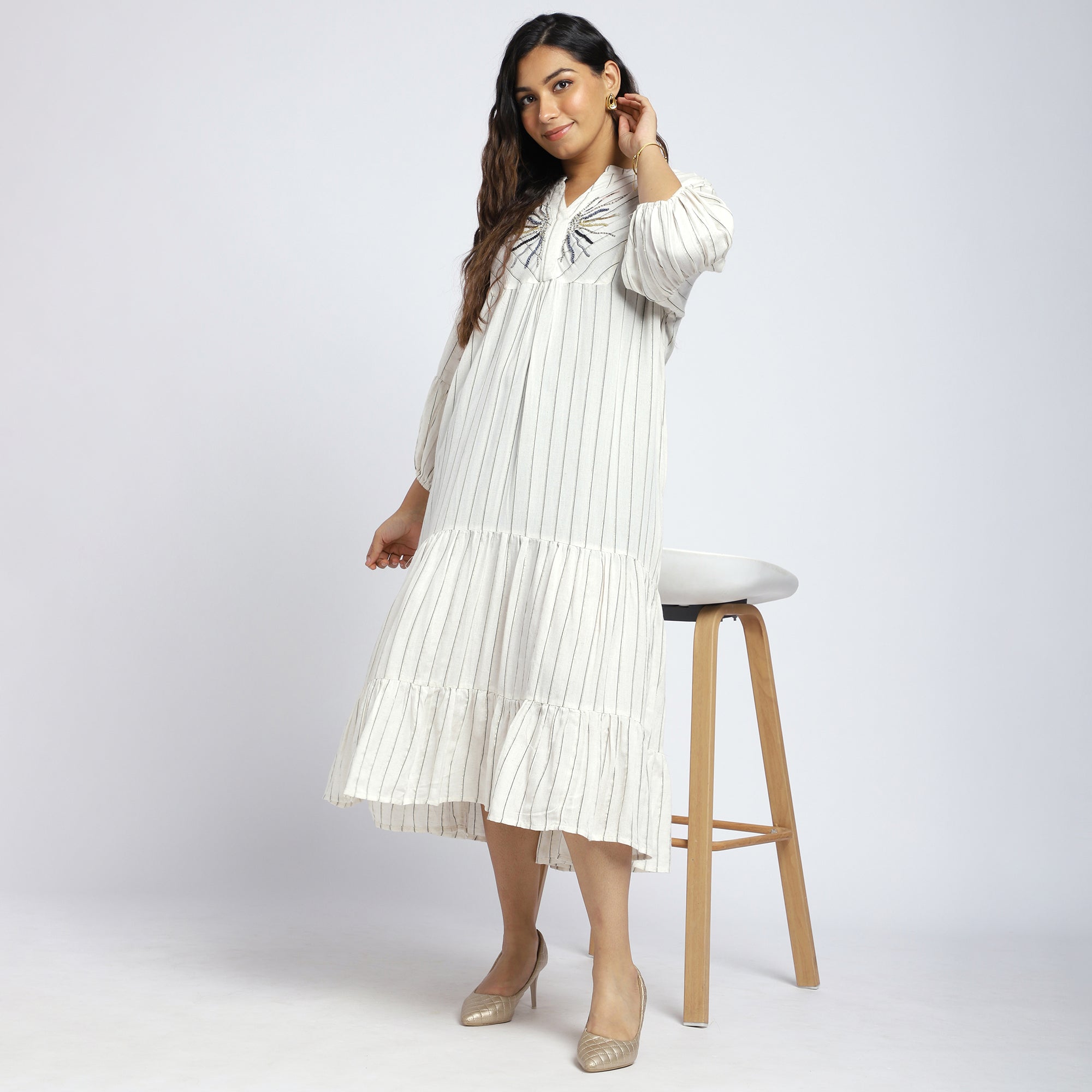 Striped Maxi Dress with Embroidered Yoke