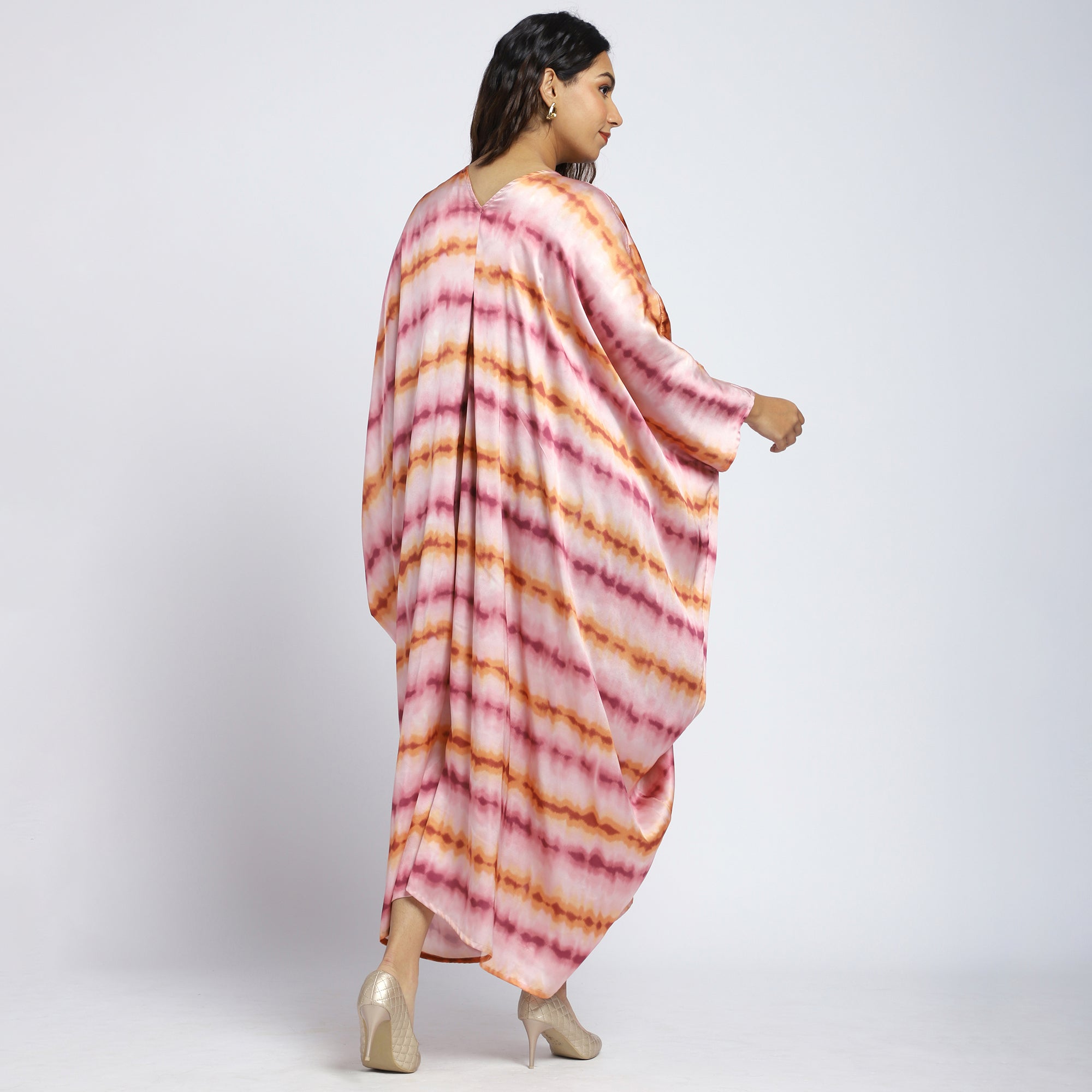 Pink & Orange Tie-Dye Satin Midi Kaftan with Buttons