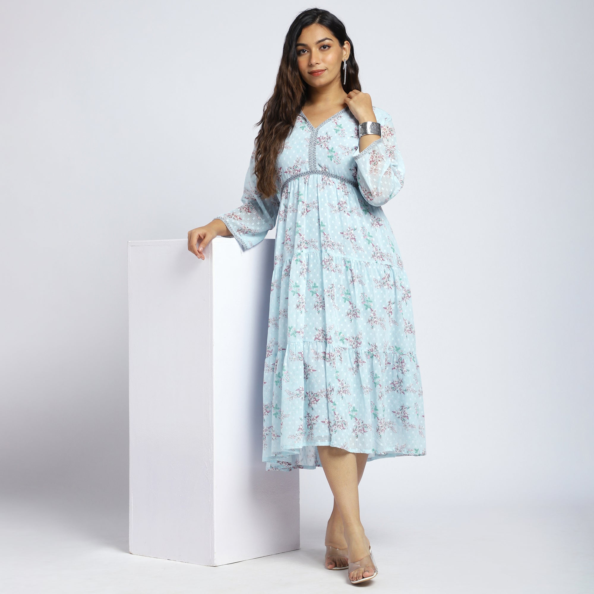 Blue Floral Tiered Maxi Dress with Lace Detail