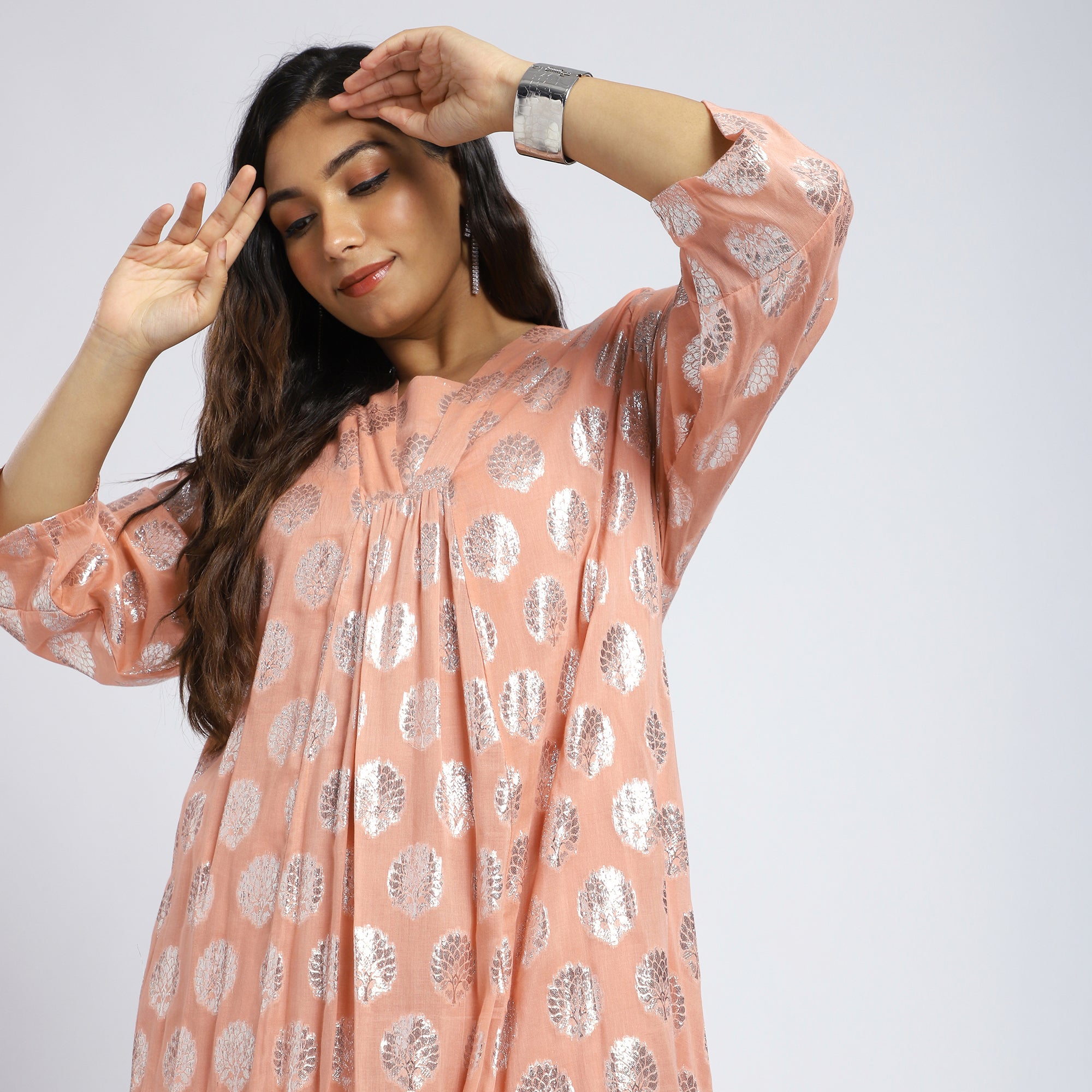 Peach Lurex Burnout Midi Dress