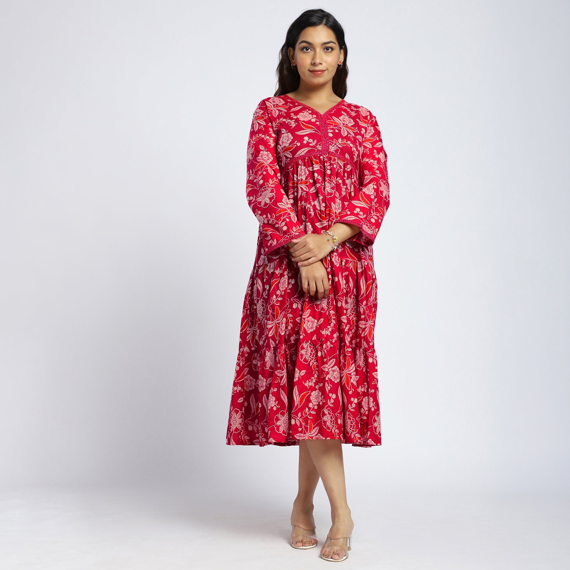 Fuchsia Floral Tiered Cotton Maxi Dress with Lace Yoke