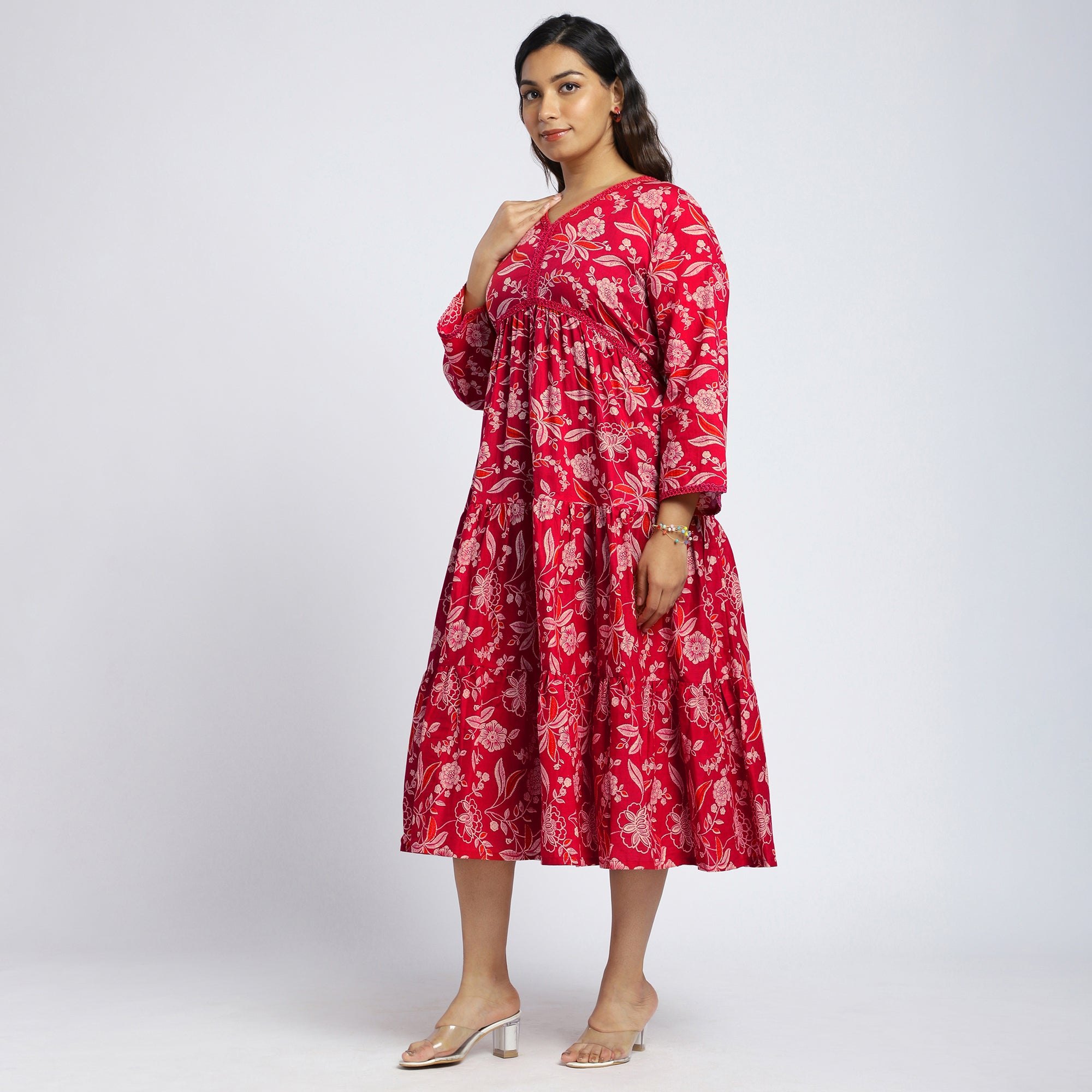 Fuchsia Floral Tiered Cotton Maxi Dress with Lace Yoke
