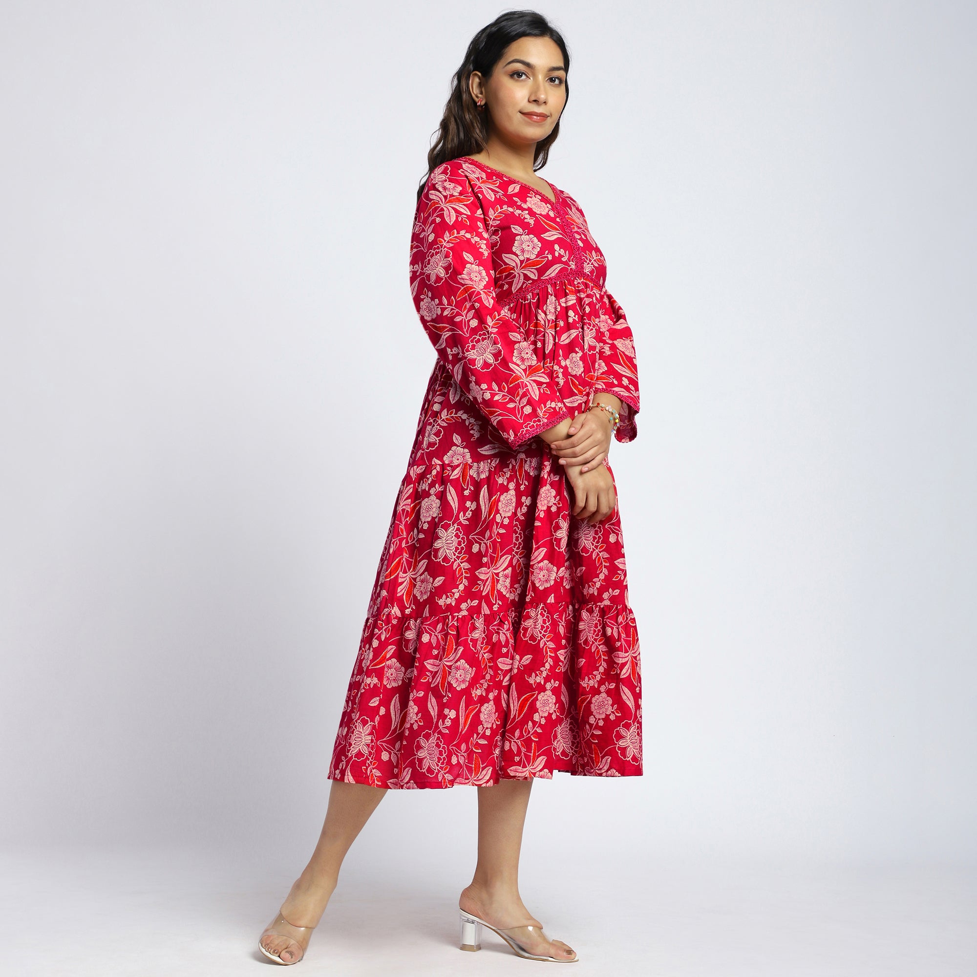 Fuchsia Floral Tiered Cotton Maxi Dress with Lace Yoke
