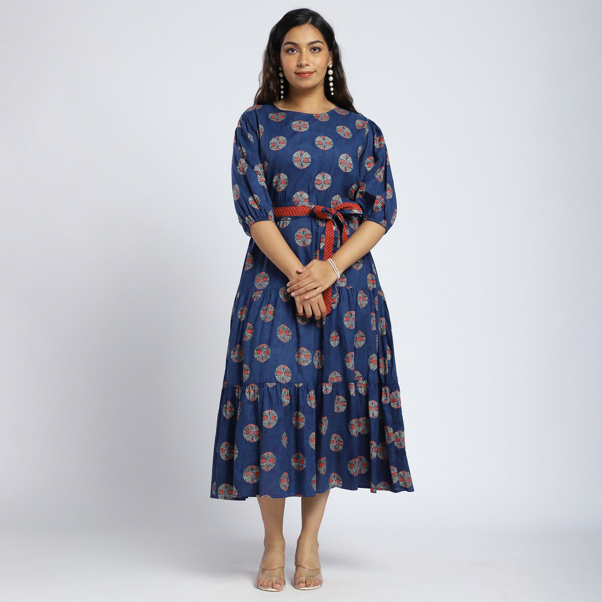 Blue Tribal Print Cut-Out Tiered Dress