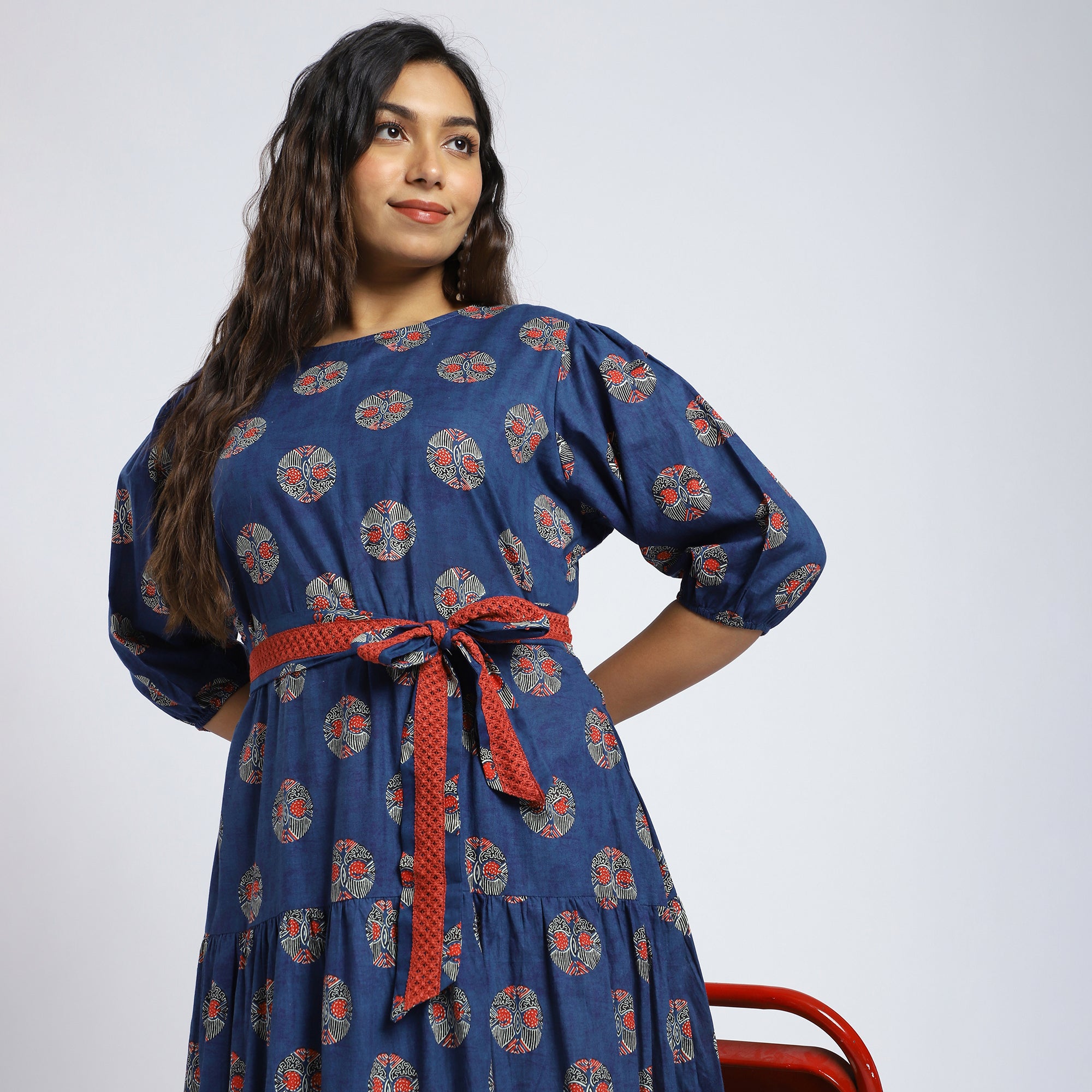 Blue Tribal Print Cut-Out Tiered Dress