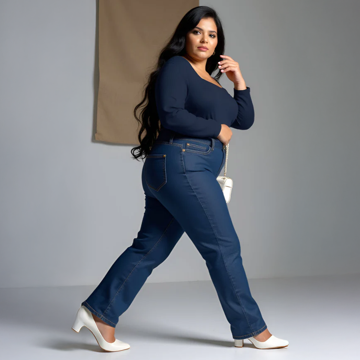 Navy Blue Plus Size Square Neck Full Sleeves Top