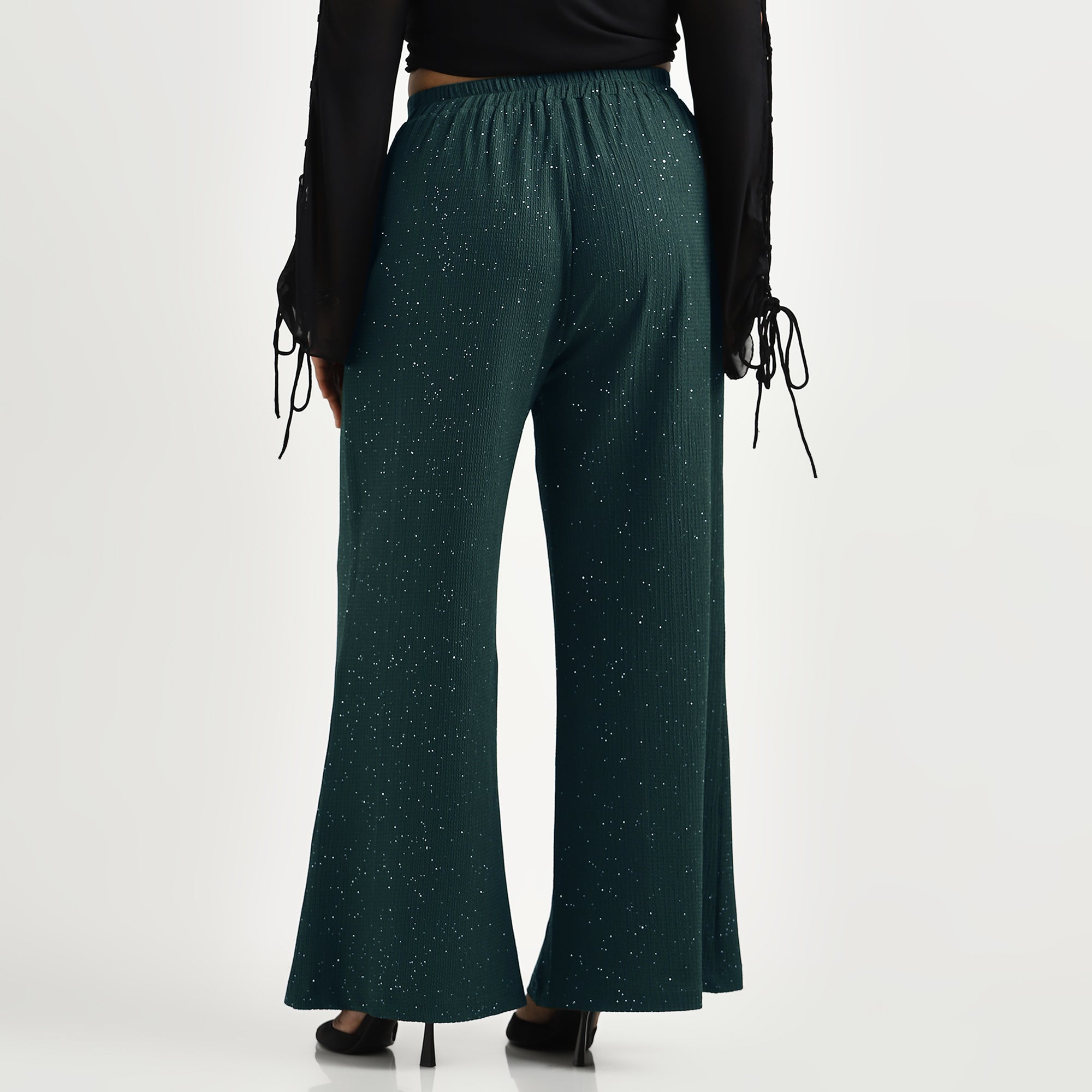 Dark Green Glitter Textured Knit Flare Pants
