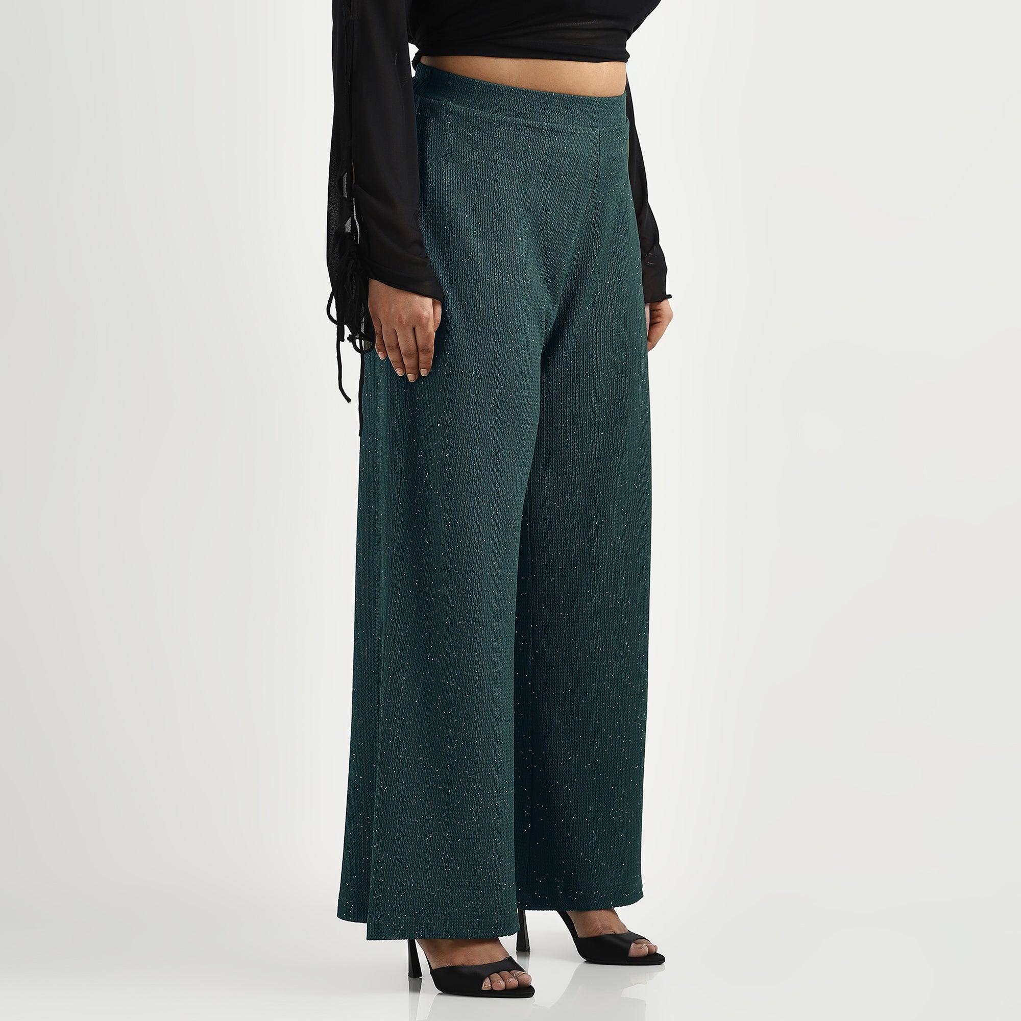 Dark Green Glitter Textured Knit Flare Pants