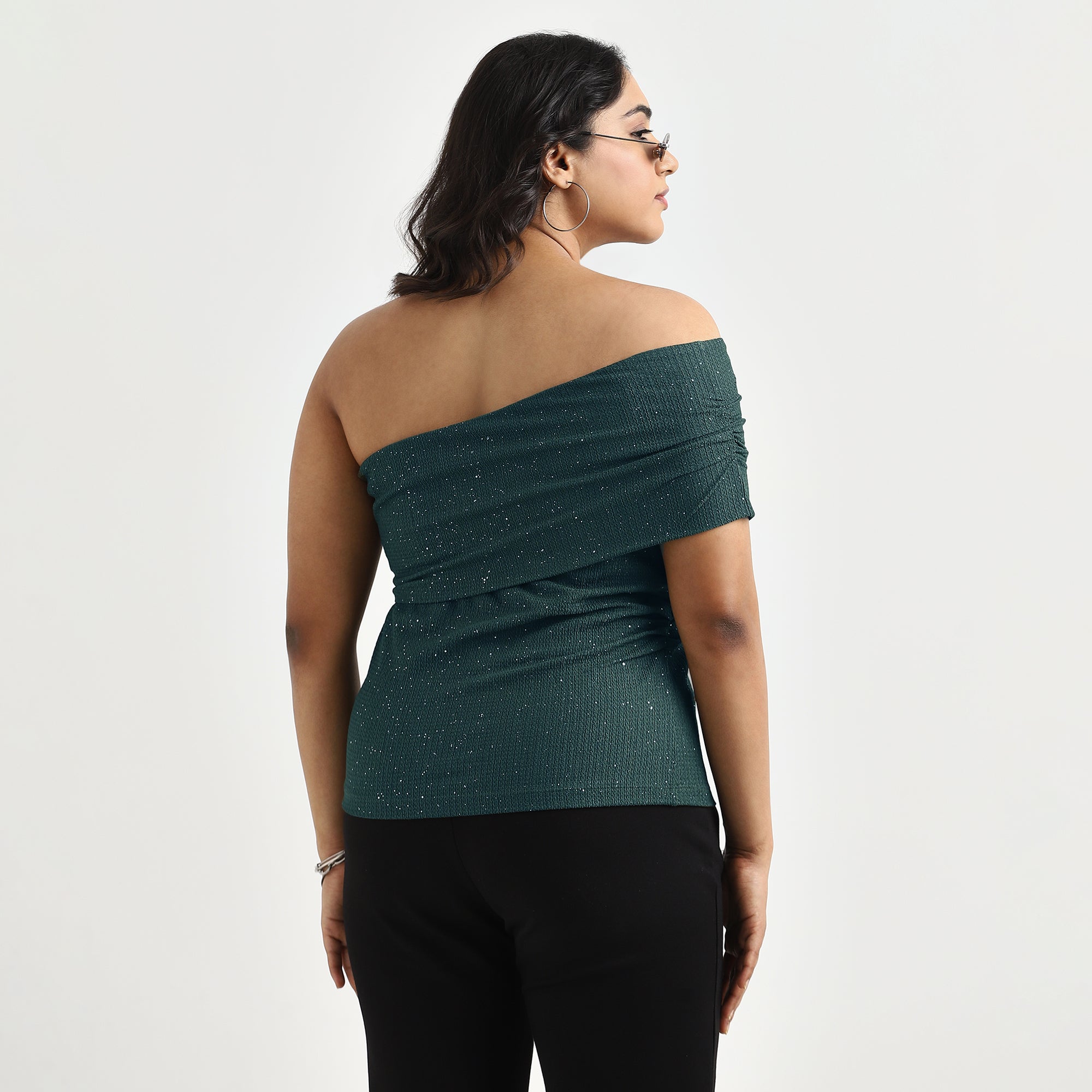 Dark Green Glitter Textured Knit One-Shoulder Top