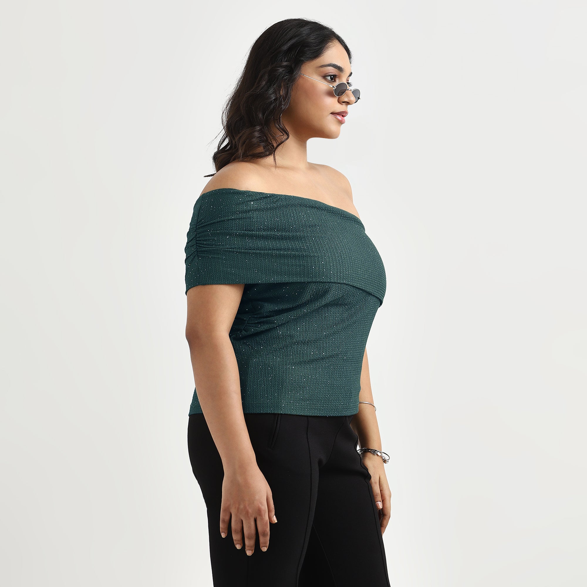 Dark Green Glitter Textured Knit One-Shoulder Top