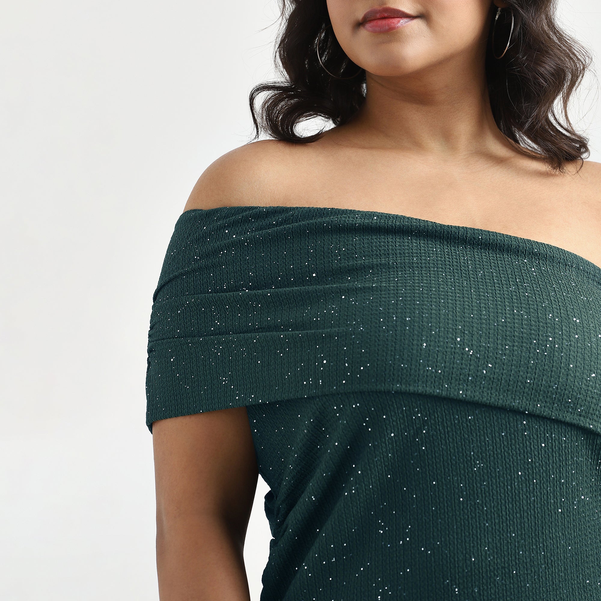 Dark Green Glitter Textured Knit One-Shoulder Top