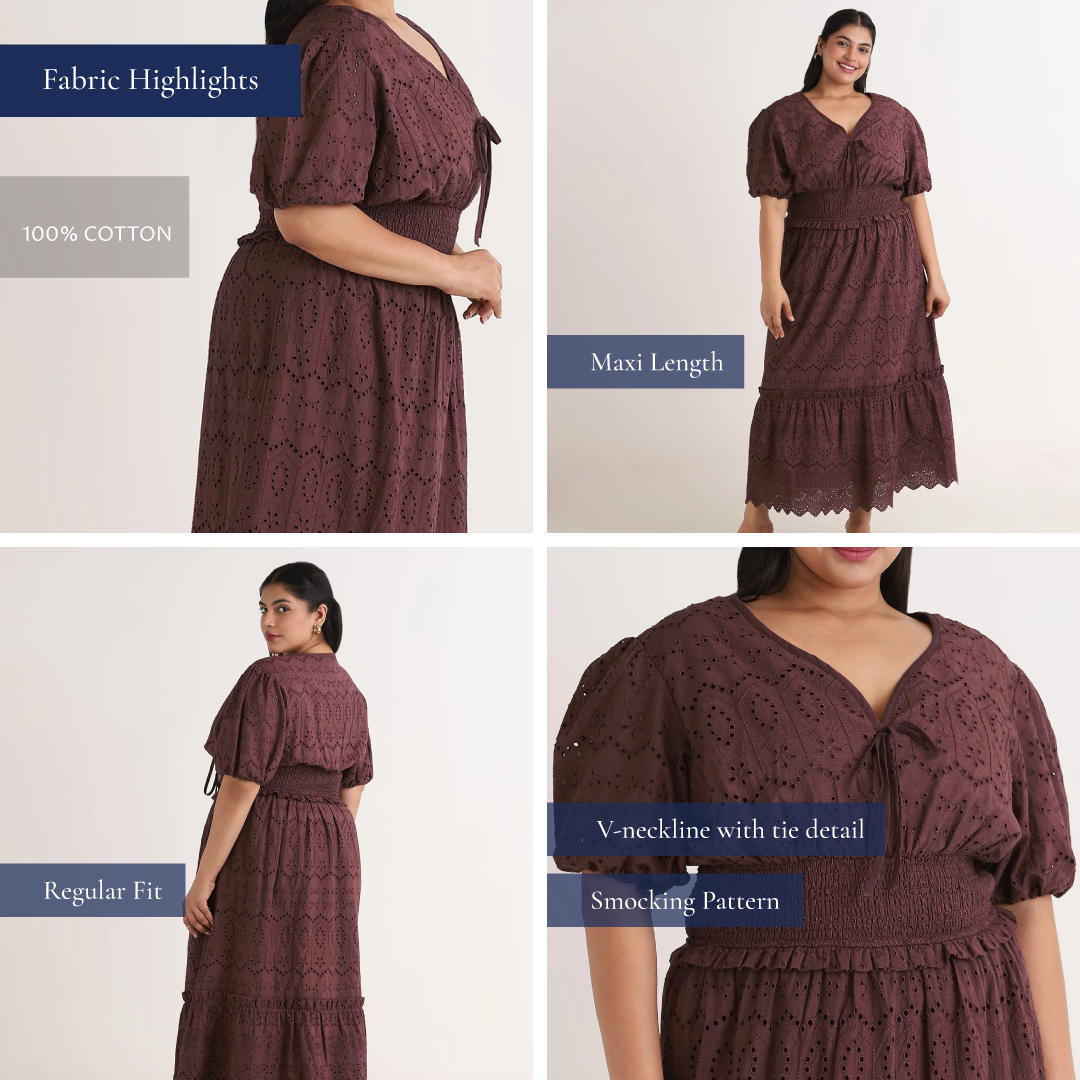 Brown Cutwork Embroidery Tiered Maxi Dress