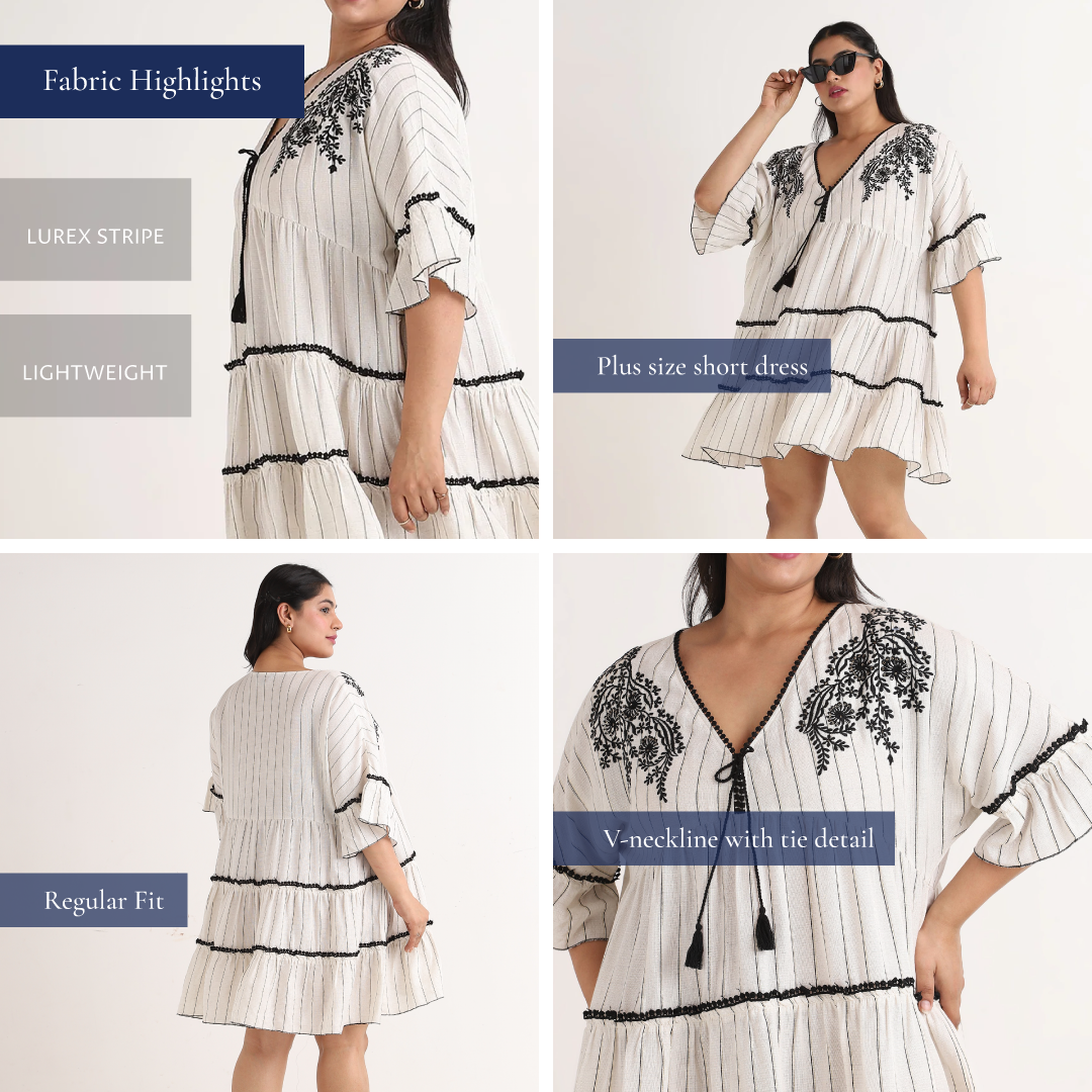 Beige With Lurex Stripe Embroidered Short Dress