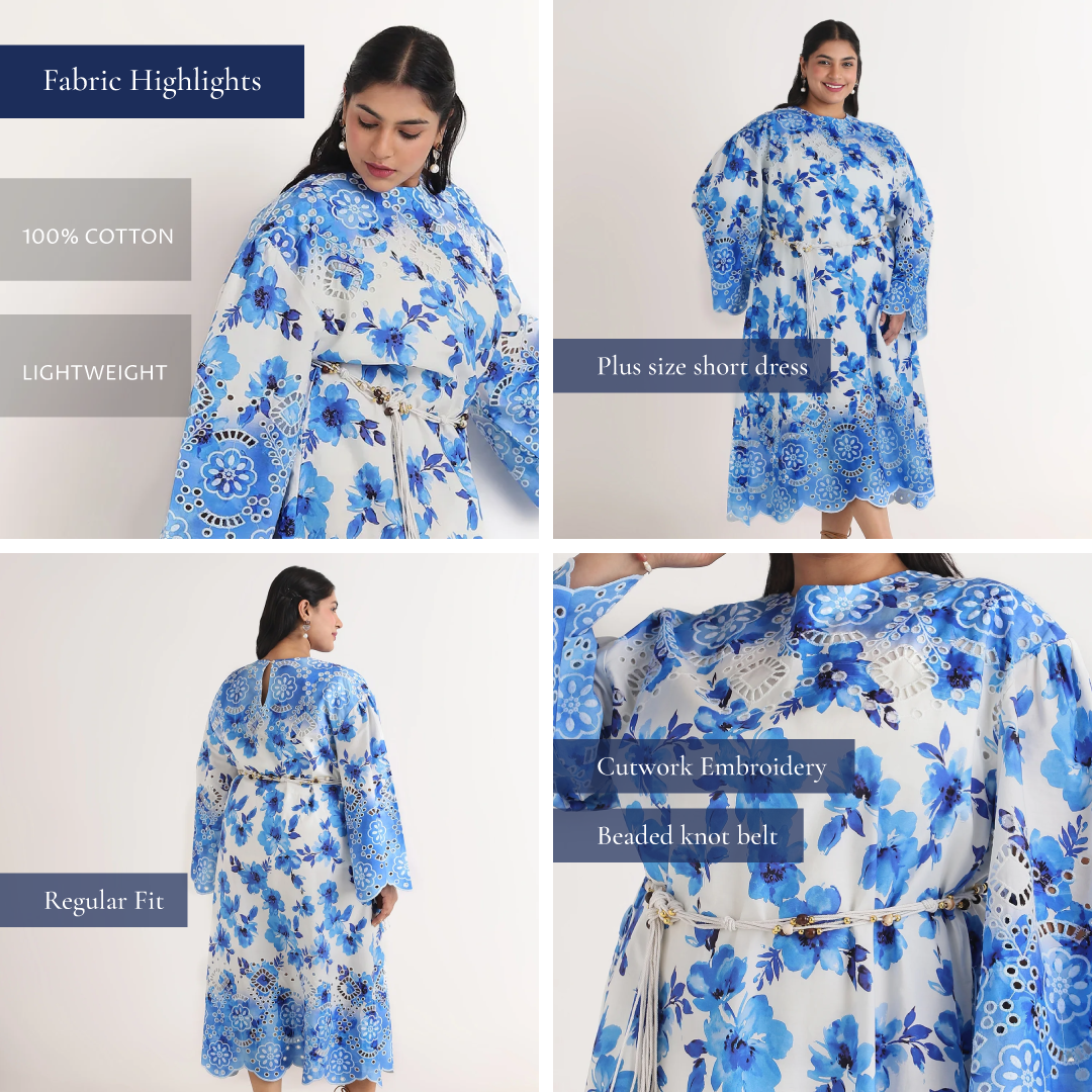Blue Floral Print Cutwork Embroidery Poplin Maxi Dress