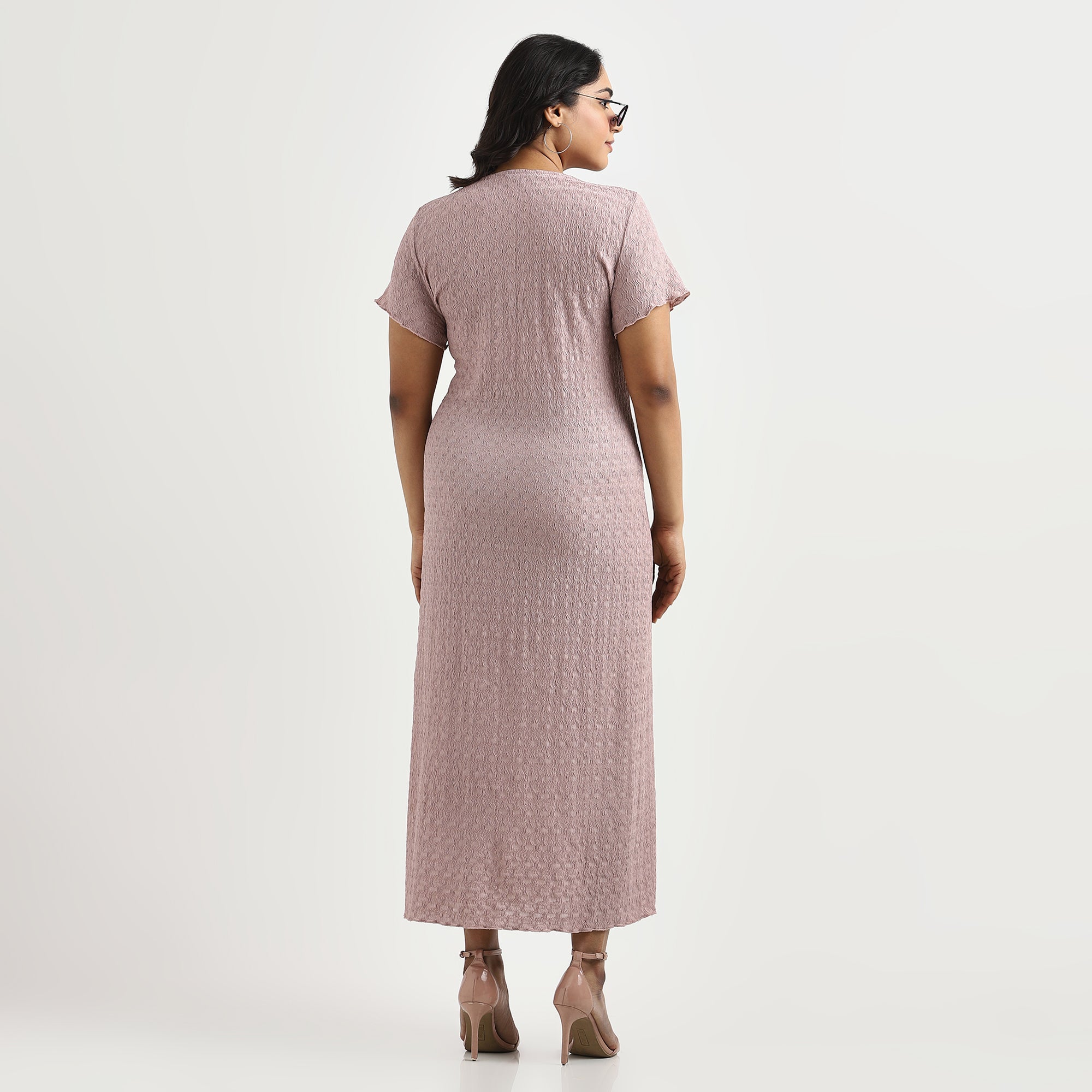 Dusty Pink Textured Twist Detail Knit Midi Dress