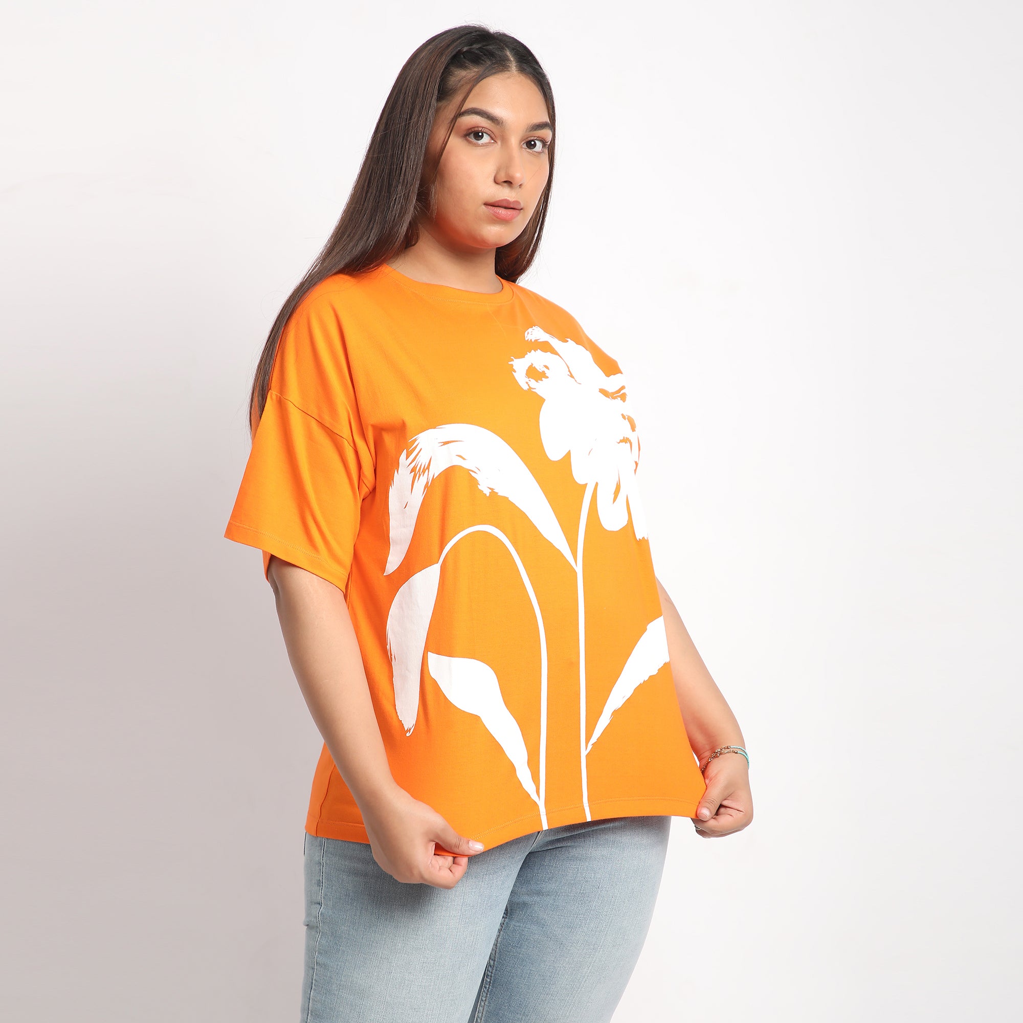 Orange Flower Chest Print Cotton Tee
